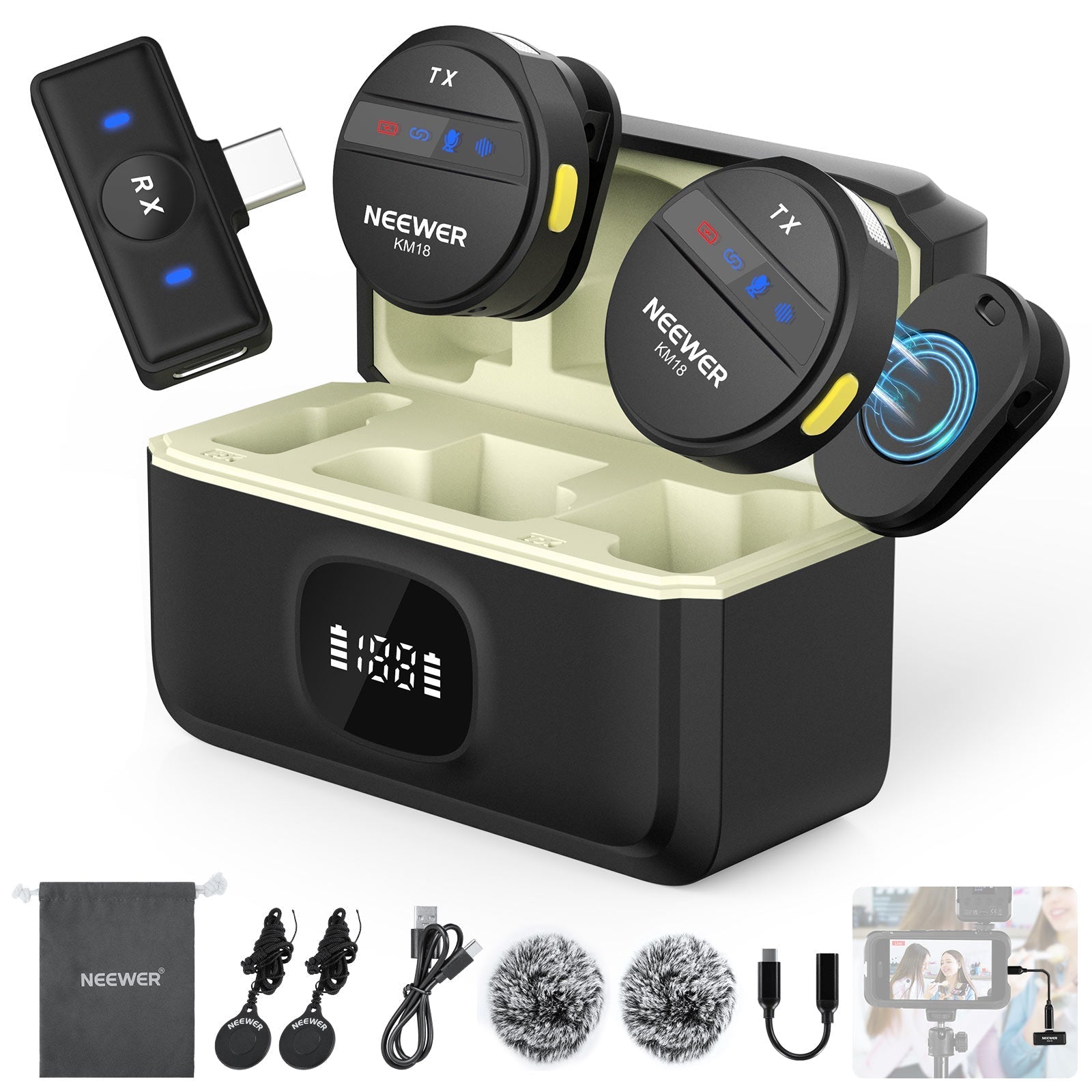 NEEWER KM18 Wireless Lavalier Lapel Microphone For Smartphone/PC