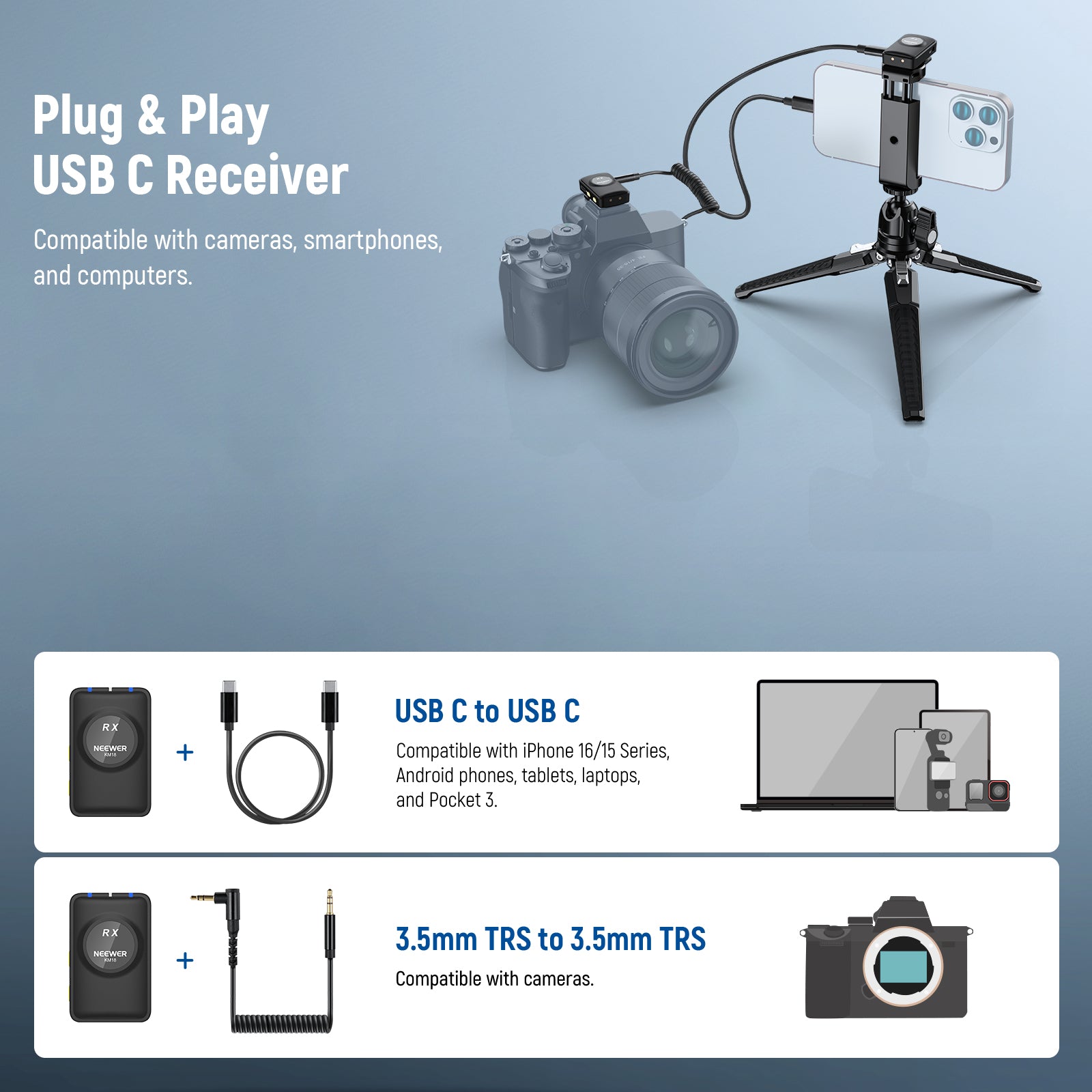 NEEWER KM18 Wireless Microphone System for Camera/Smartphone/PC