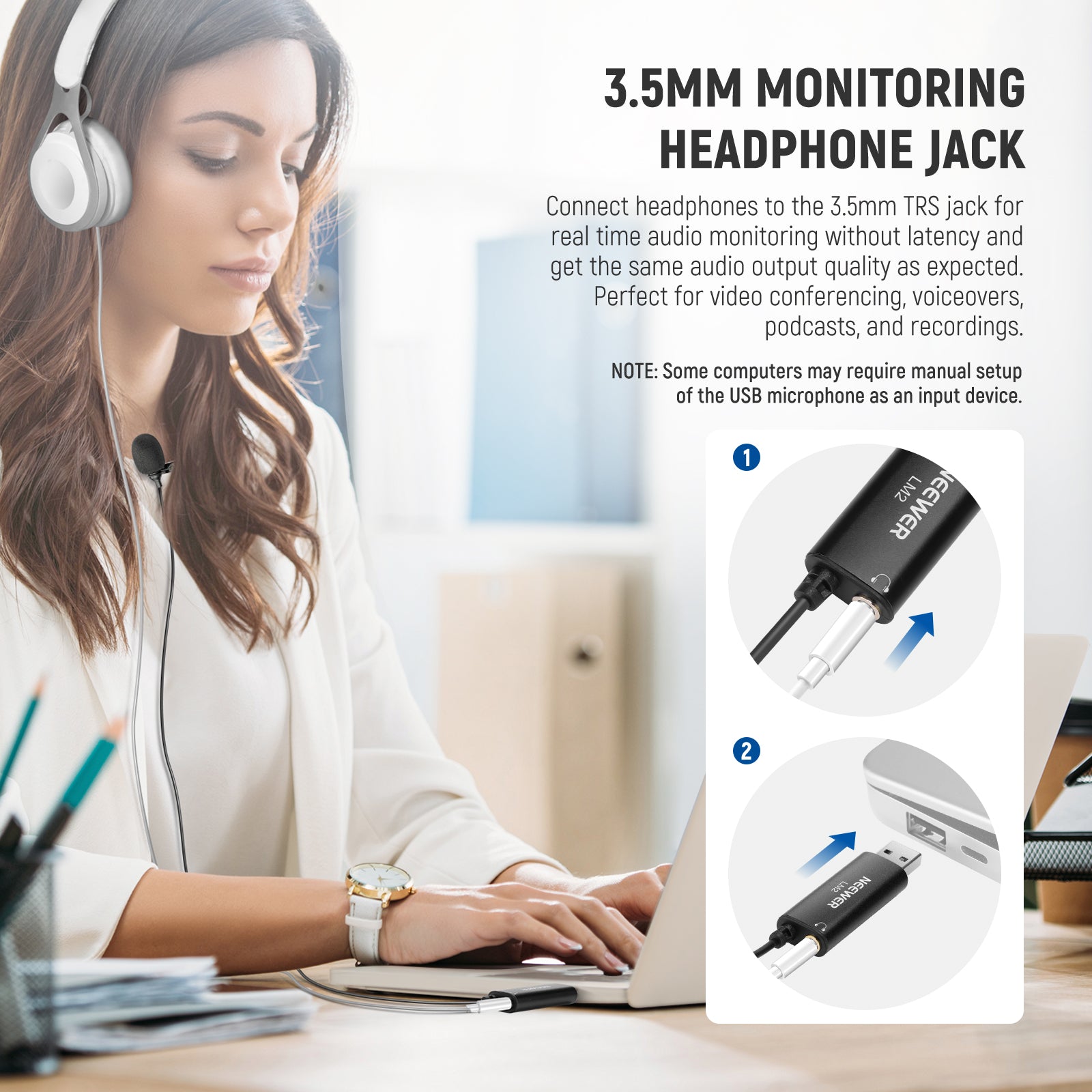 NEEWER LM2 Plug & Play Omnidirectional USB Lapel Microphone with 3.5mm TRS Jack