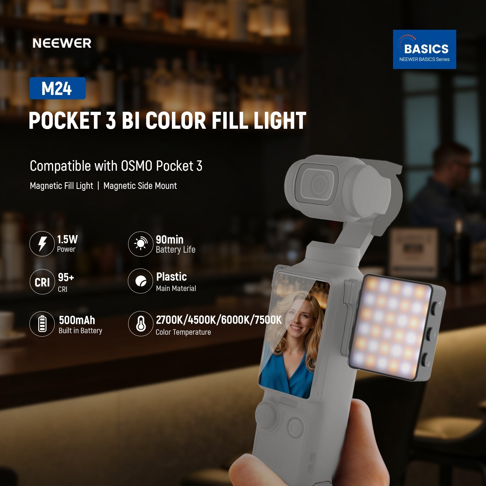 NEEWER BASICS M24 Bi Color Magnetic LED Fill Light For DJI OSMO Pocket 3