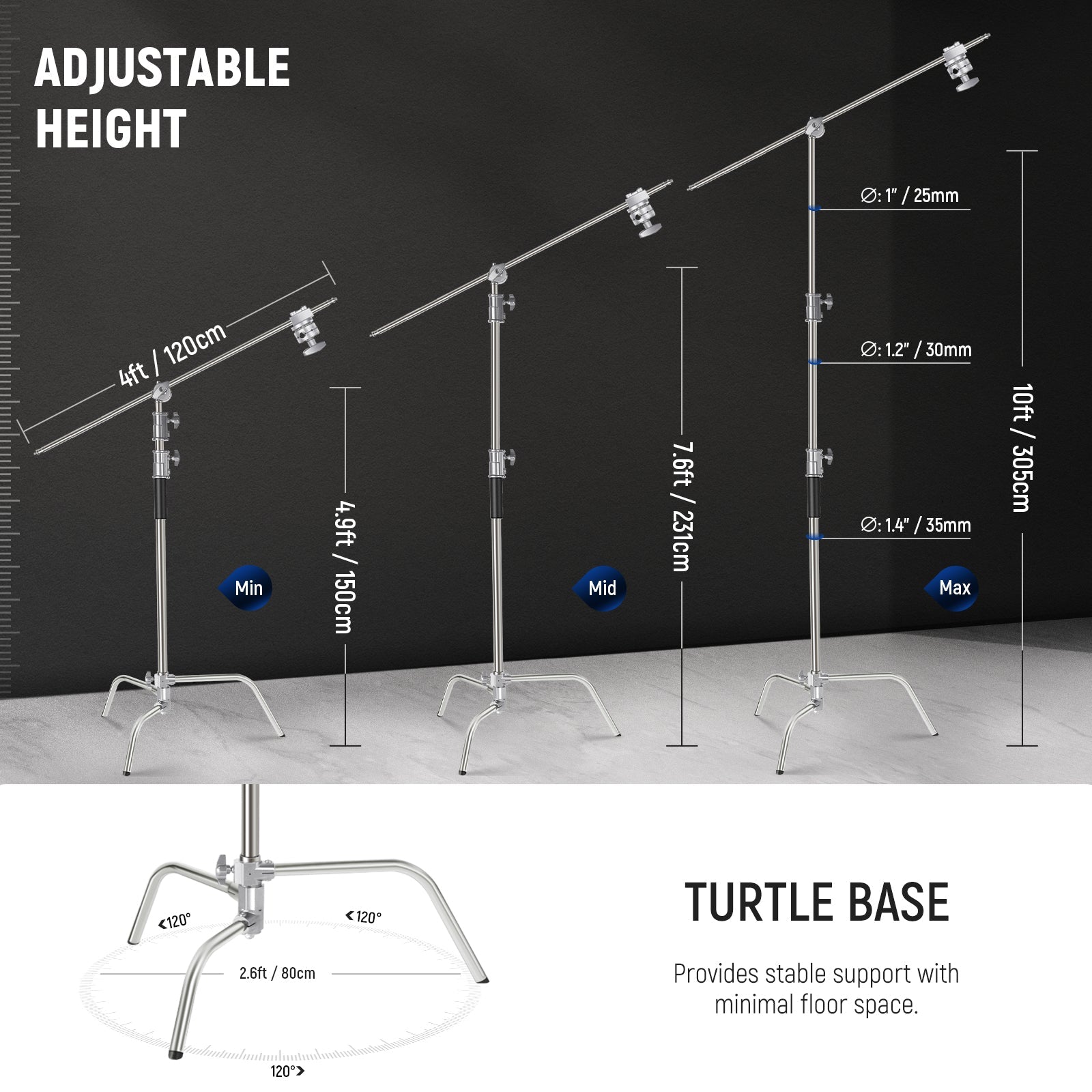 NEEWER SC320B 10ft/305cm Stainless Steel C Stand