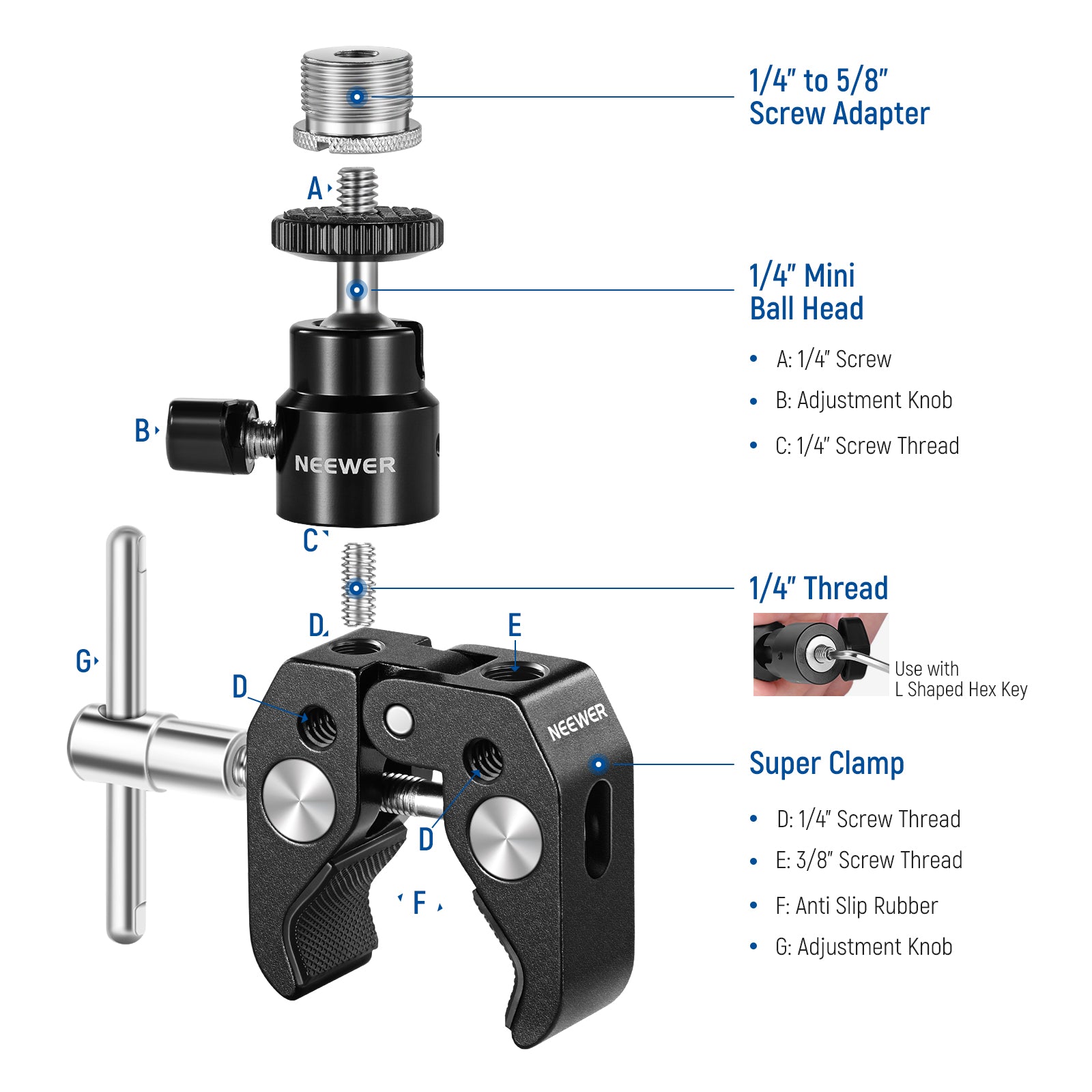 NEEWER ST48 Crab Clamp & Mini Ball Head for Microphone