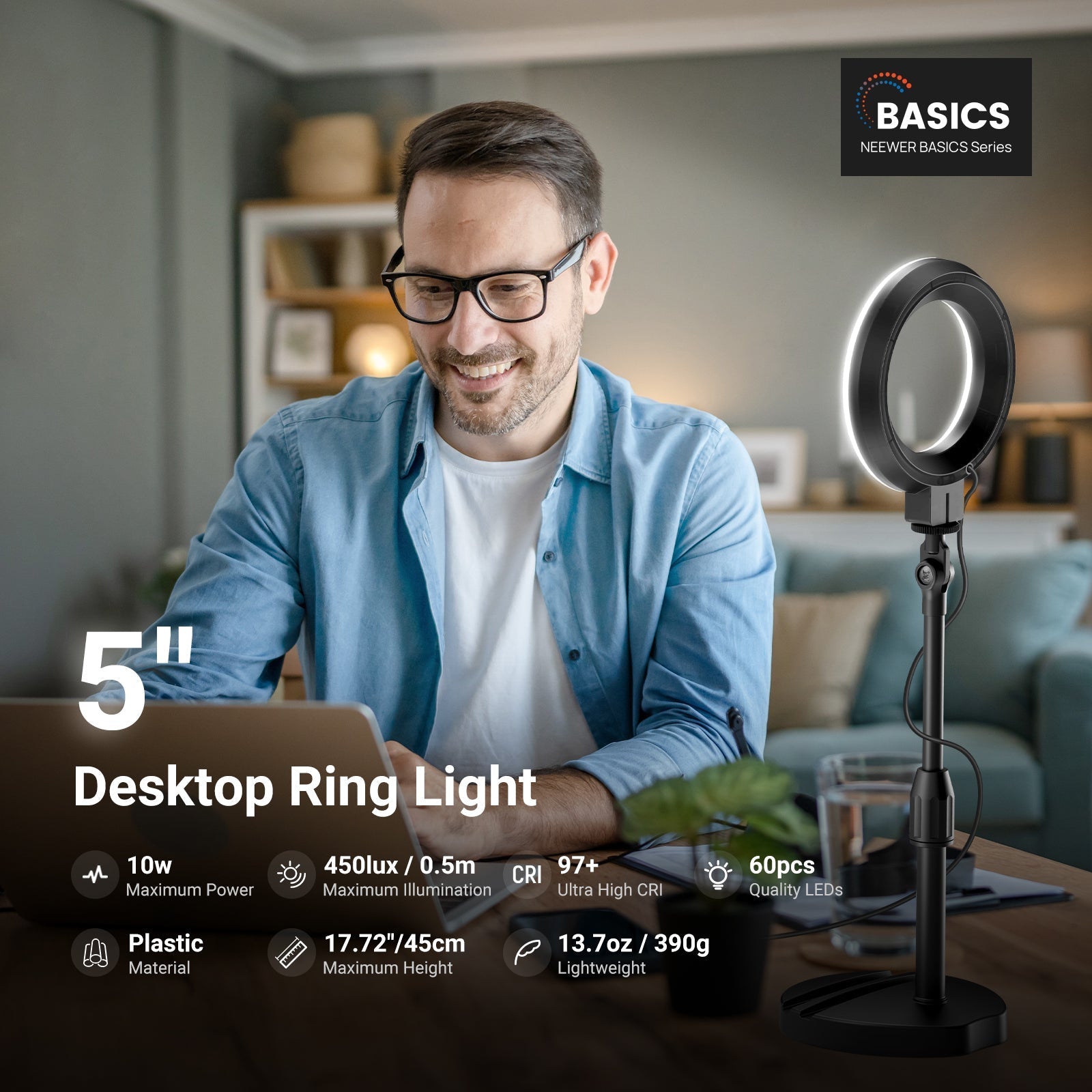NEEWER BASICS BR60 5" Desk Ring Light with Stand & Monitor Clamp
