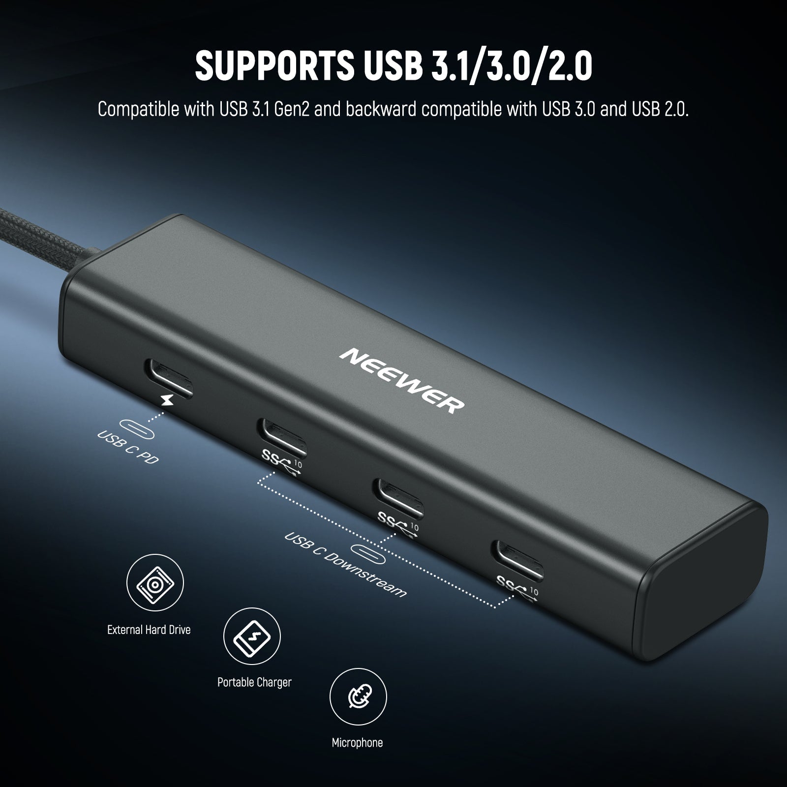 NEEWER PS020E 4 In 1 USB C Hub 3.1 Gen2 100W PD with Cold Shoe Adapter
