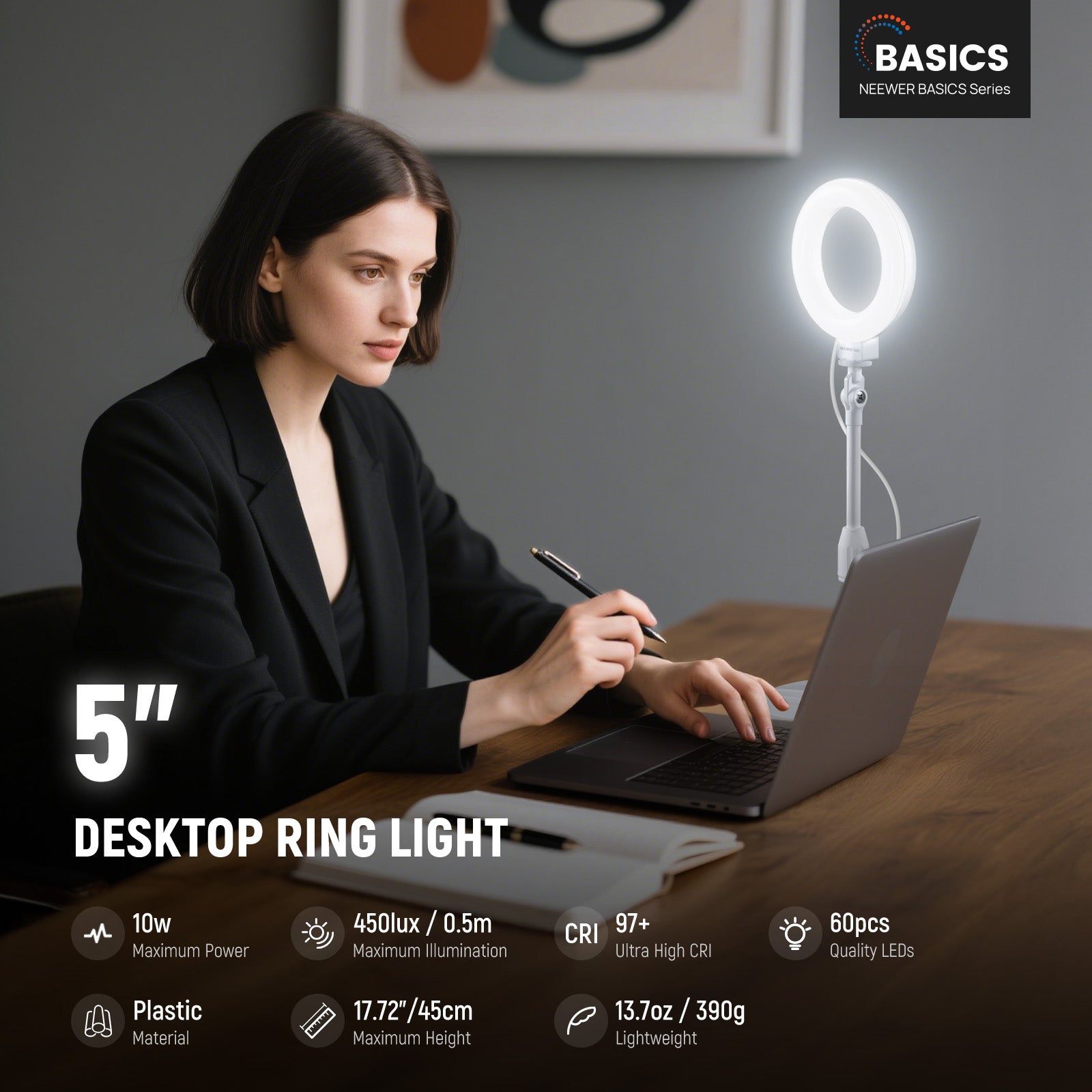 NEEWER BASICS BR60 5"/13cm Desk Ring Light with Stand