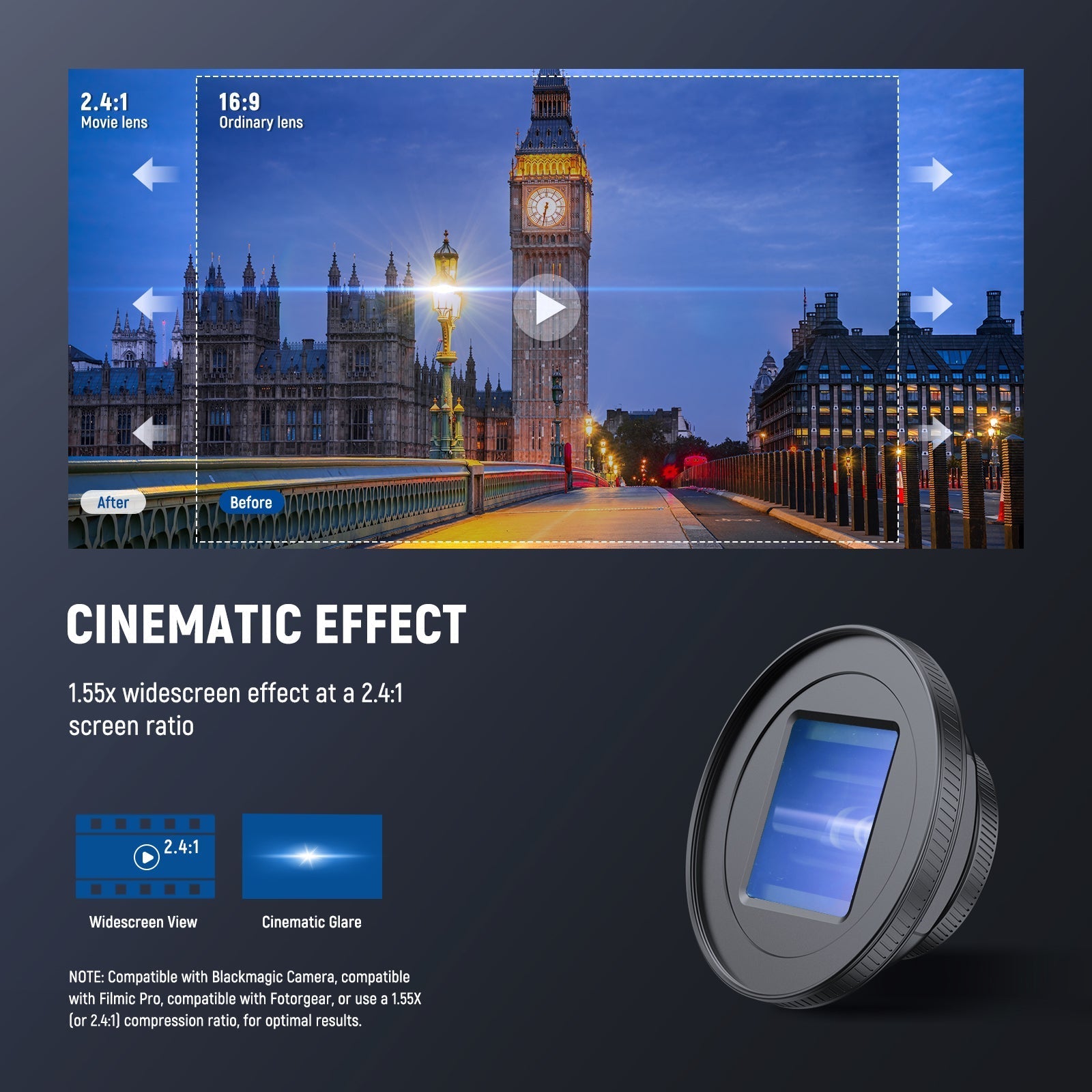NEEWER LS-75 1.55X Blue Anamorphic Lens with 17mm Threaded Clip