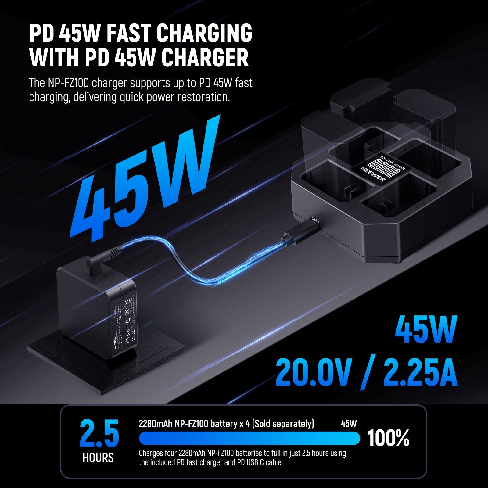 NEEWER NW-Z4 4 Channel NP-FZ100 Charger with 45W PD Fast Charger
