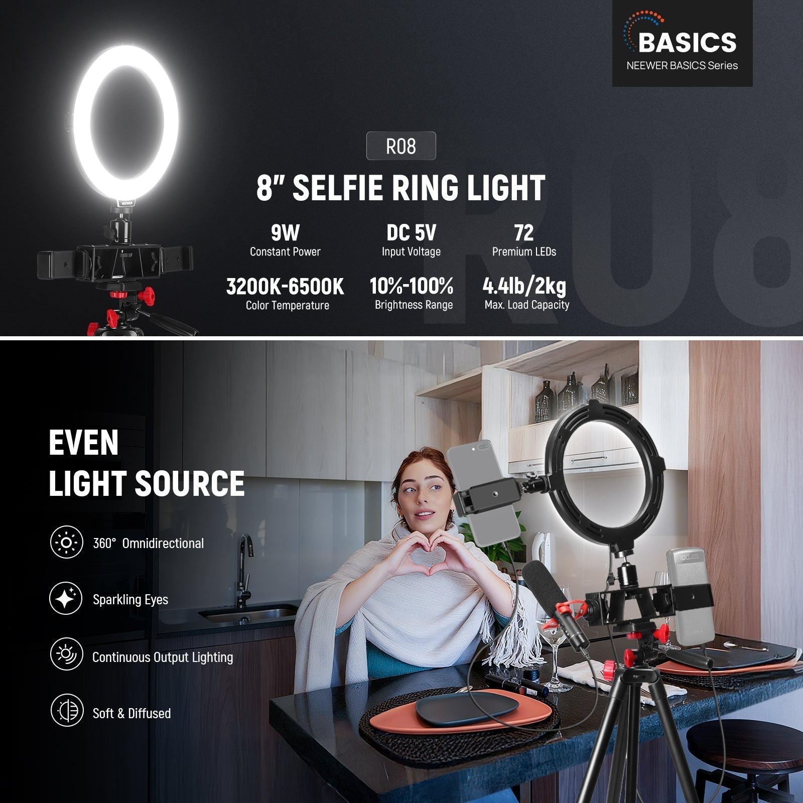 NEEWER BASICS R08 8" Selfie Ring Light with Tripod/2 Phone Holders/Remote