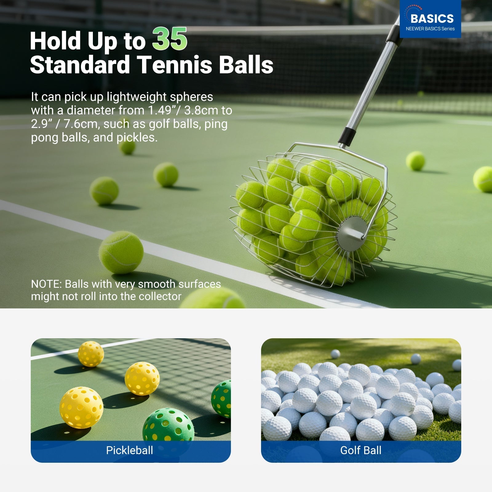 NEEWER BASICS TB05S Tennis Ball Pickleball Collector Roller