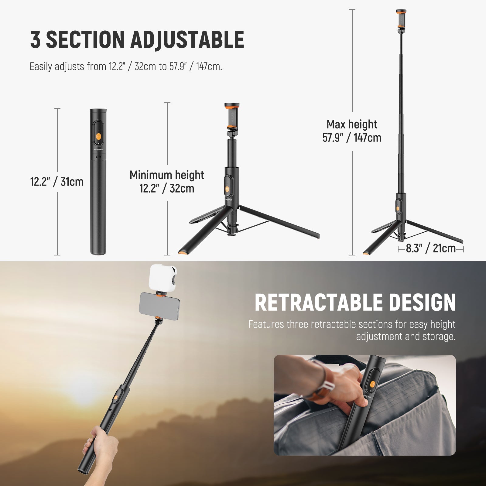 NEEWER BASICS PA992 57.9" Quick Release Selfie Stick Tripod