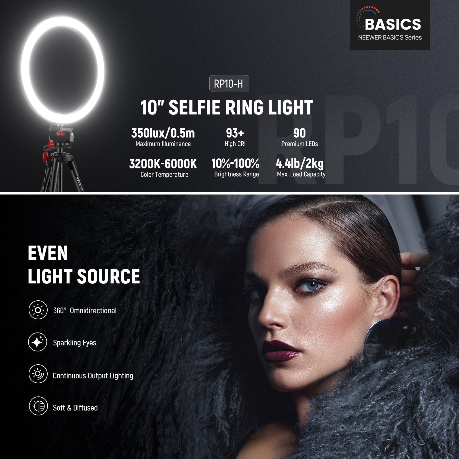 NEEWER BASICS RP10-H 10" Selfie Ring Light with Tripod/2 Phone Holders/QR Plate