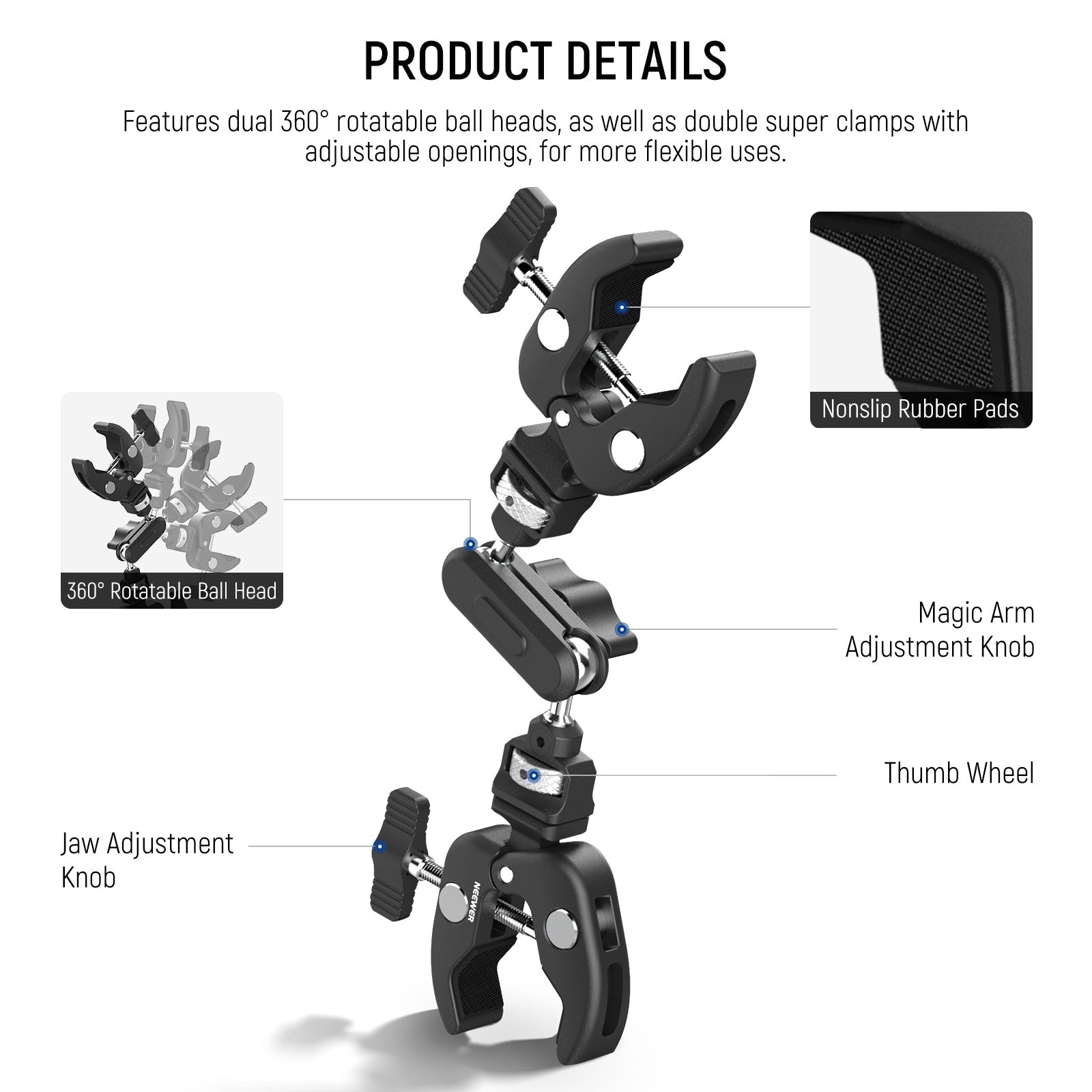 NEEWER UA060 Double Super Clamp Camera Mount with Magic Arm & NATO Interface