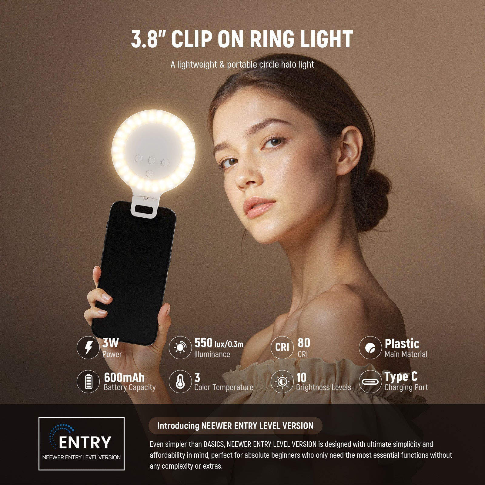 NEEWER ENTRY LEVEL VERSION NR5 3.8" Clip on Selfie Ring Light