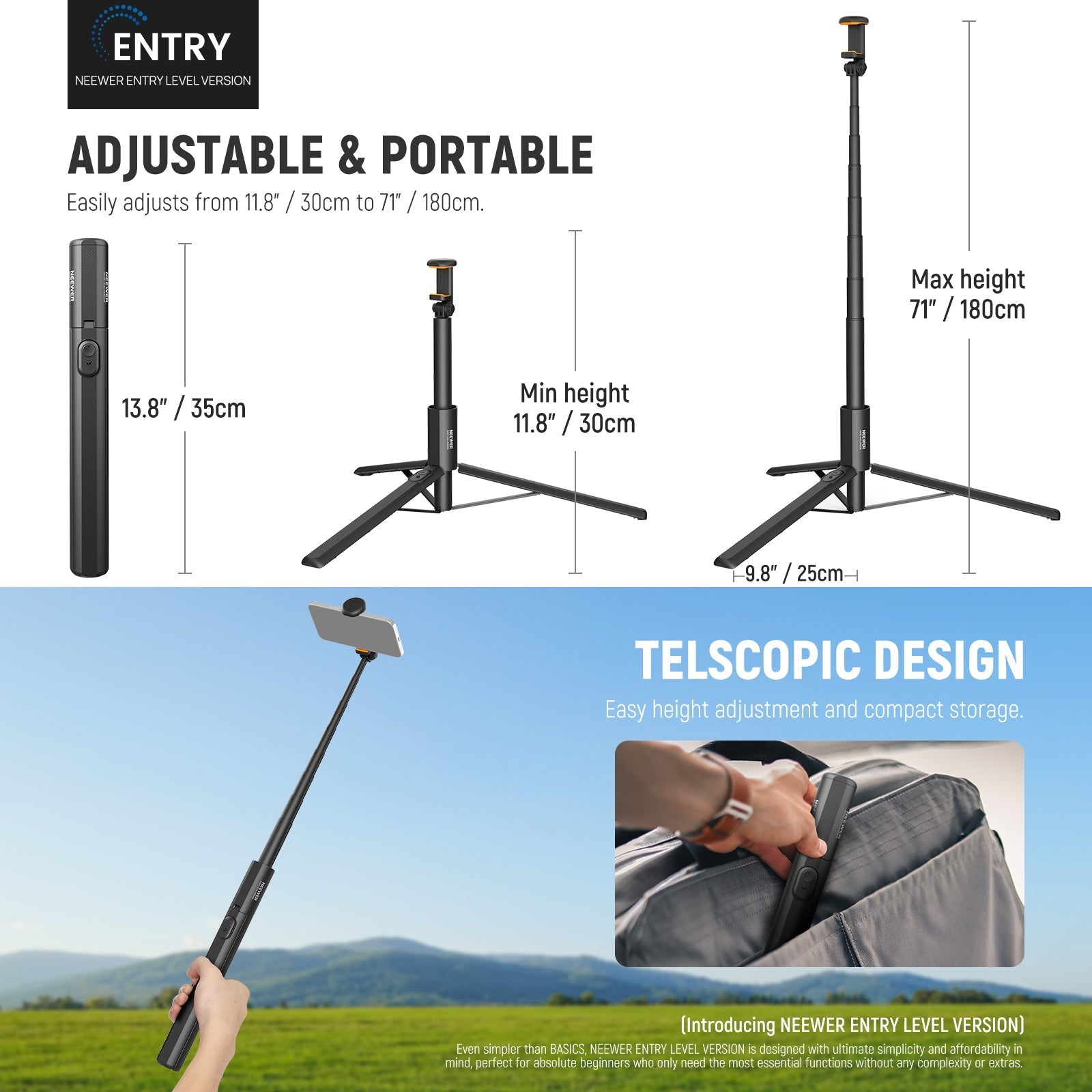 NEEWER ENTRY LEVEL VERSION PA988 71" Selfie Stick Tripod