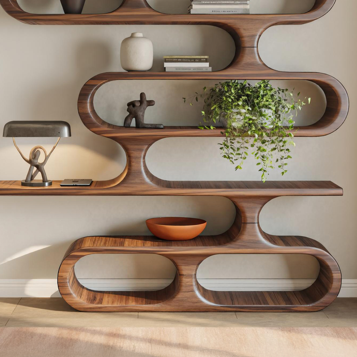 Organic Sculptural Wood Bookshelf With Curved Form For Living Room Or Office