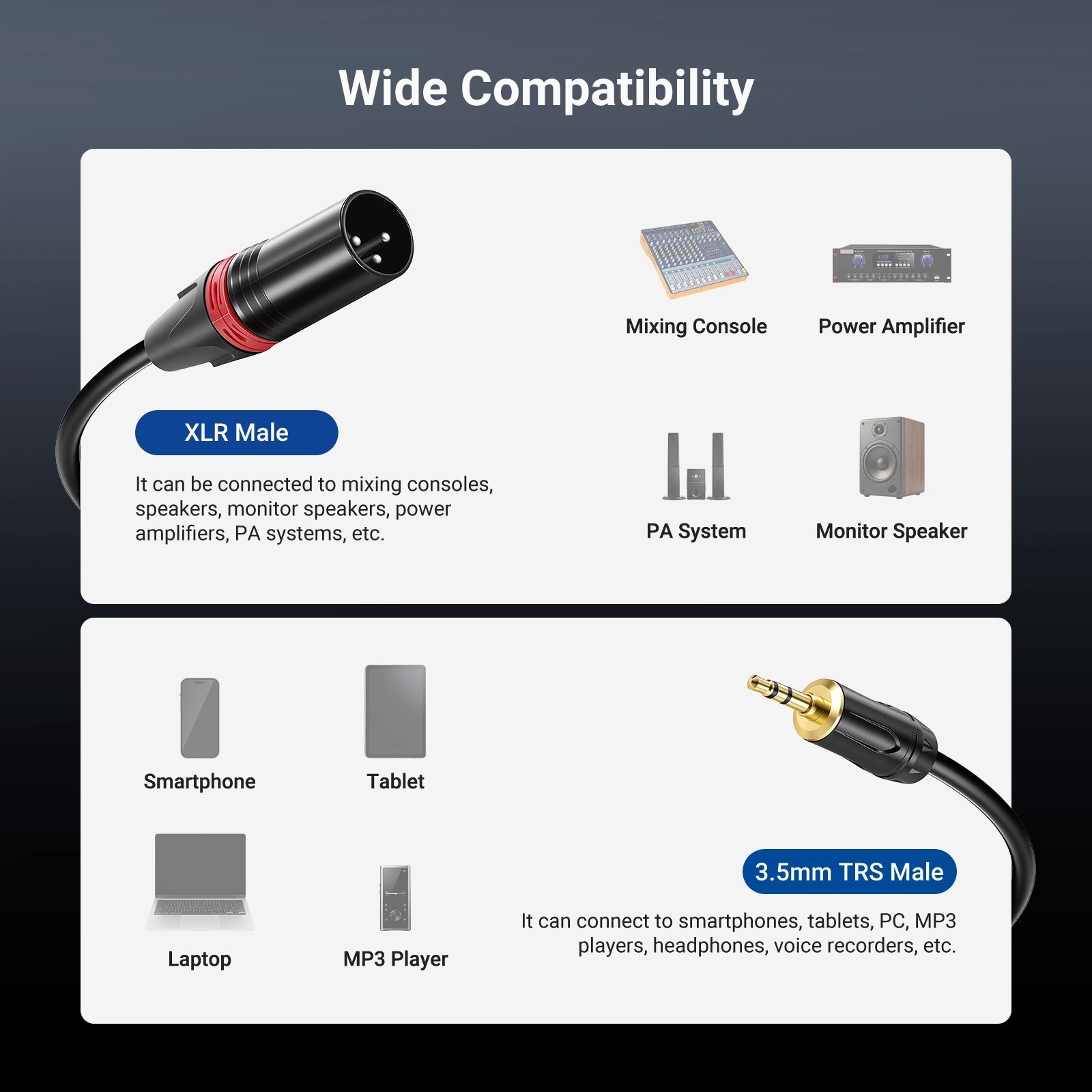 NEEWER 3.5mm 1/8 Inch TRS AUX to Dual XLR Breakout Cable
