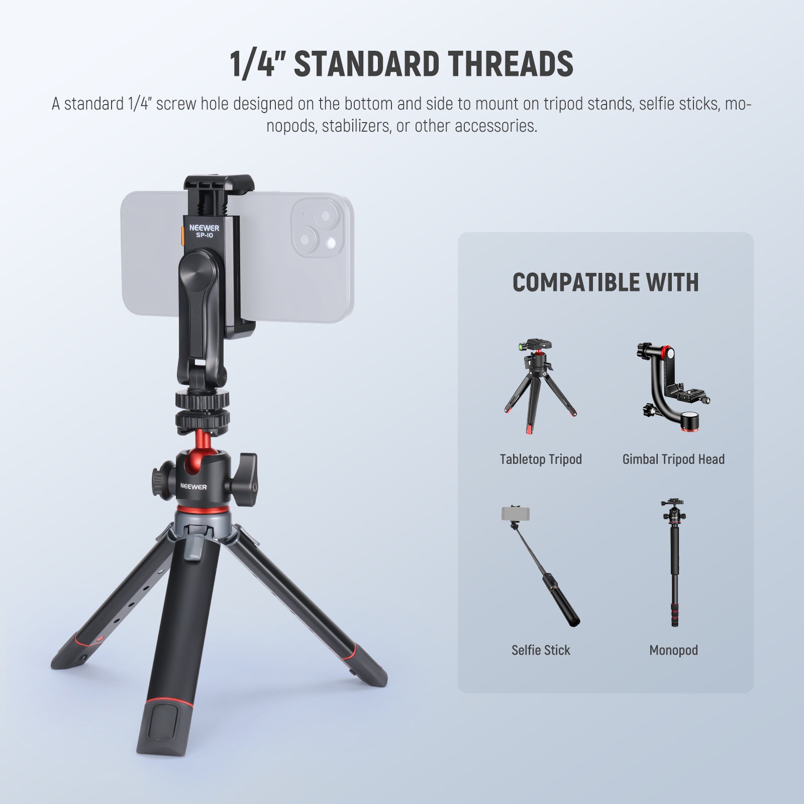 NEEWER BASICS SP-10 Phone Tripod Mount Holder with 1/4" Thread & Cold Shoe