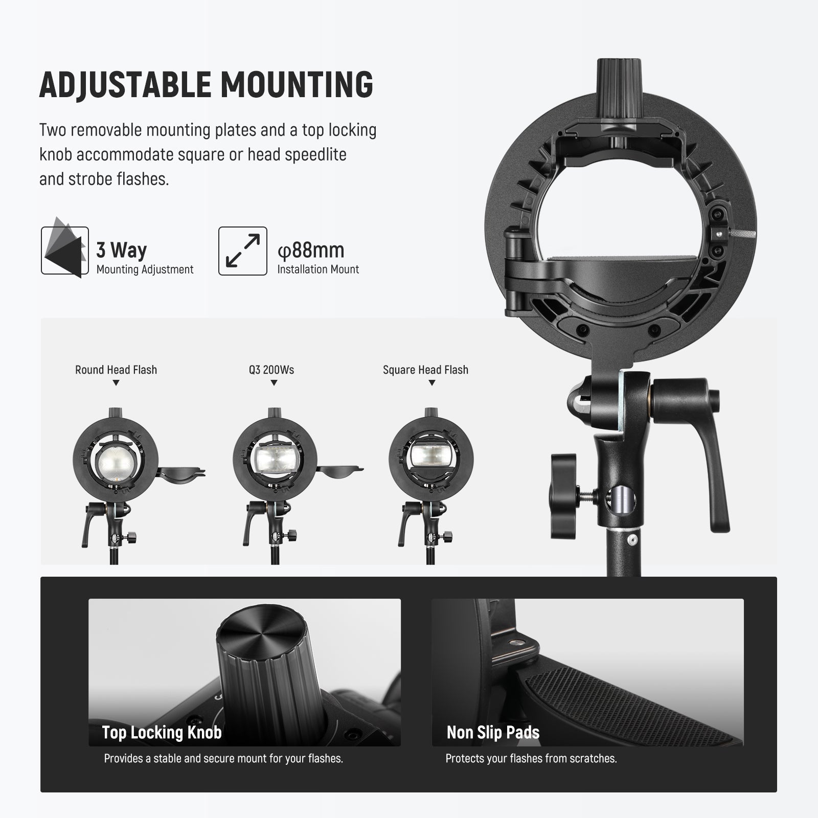 NEEWER CRB1 S Type Bowens Mount Bracket Holder for Round Square Head Flash