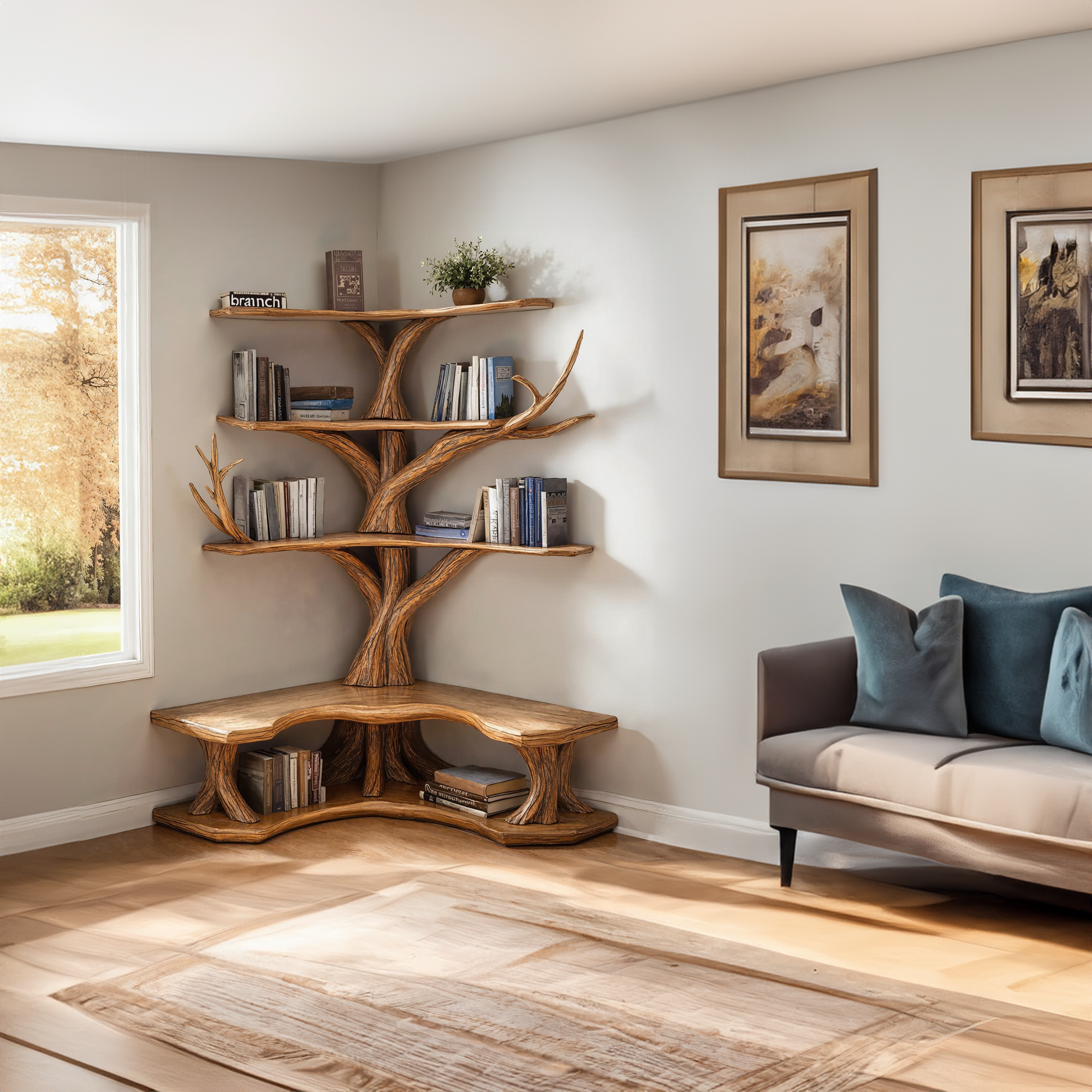 Tree Bookshelf With Corner Bench Lshaped Bench Driftwood Branch