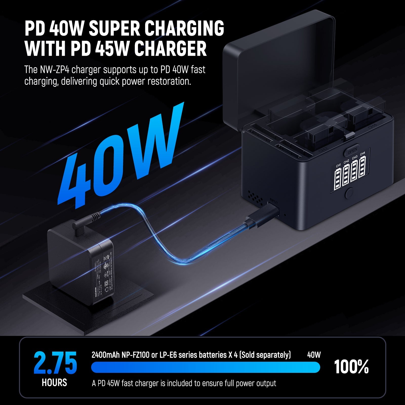 NEEWER NW-ZP4 2 in 1 Four Channel USB Charger for NP-FZ100 & LP-E6