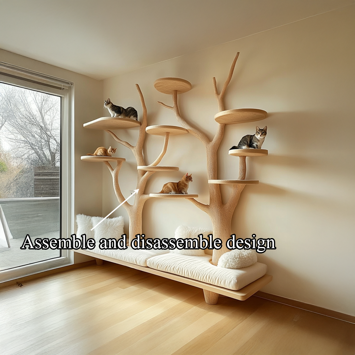 Rustic Cat Tree Organizer Wall Shelf Bedroom Seating Bench