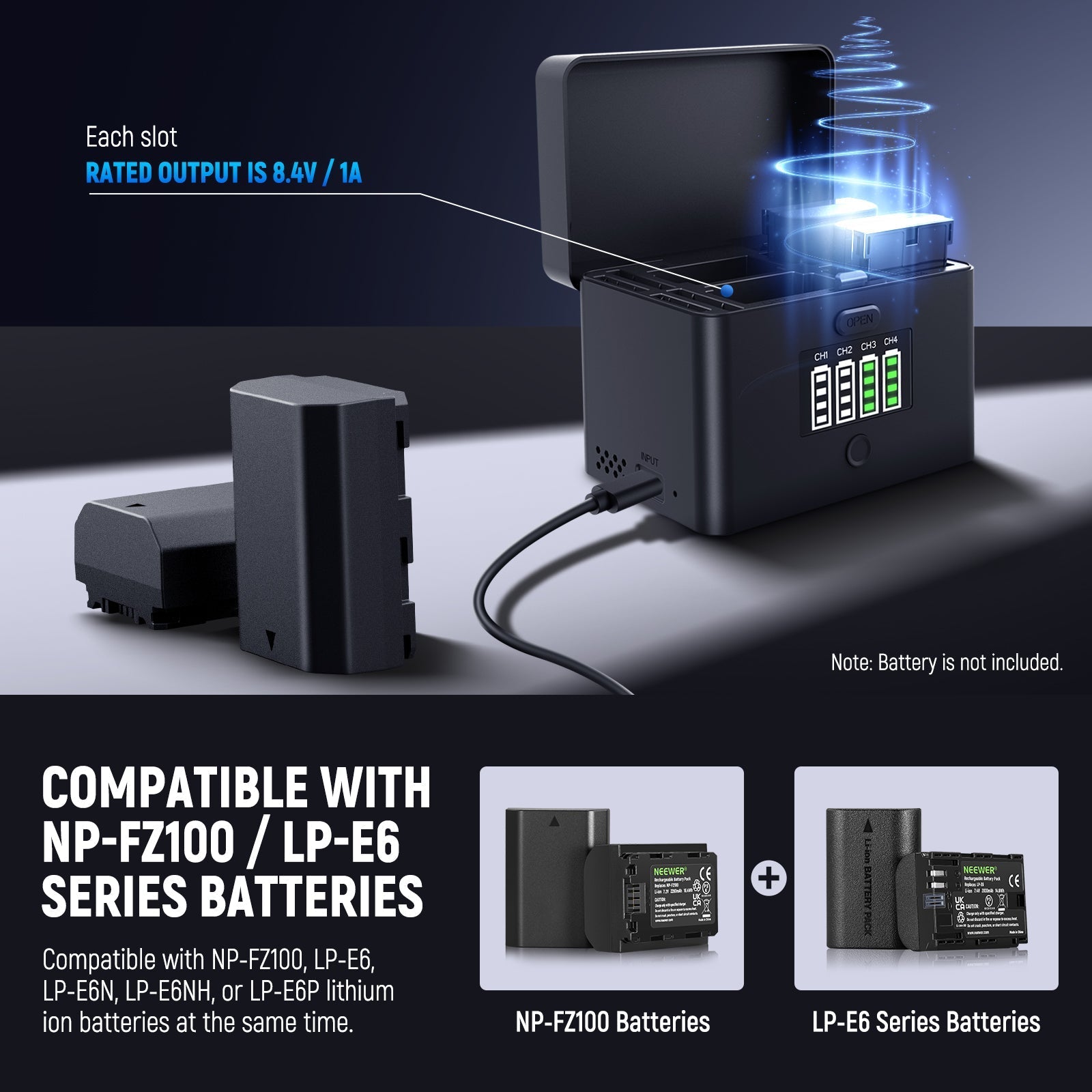 NEEWER NW-ZP4 2 in 1 Four Channel USB Charger for NP-FZ100 & LP-E6