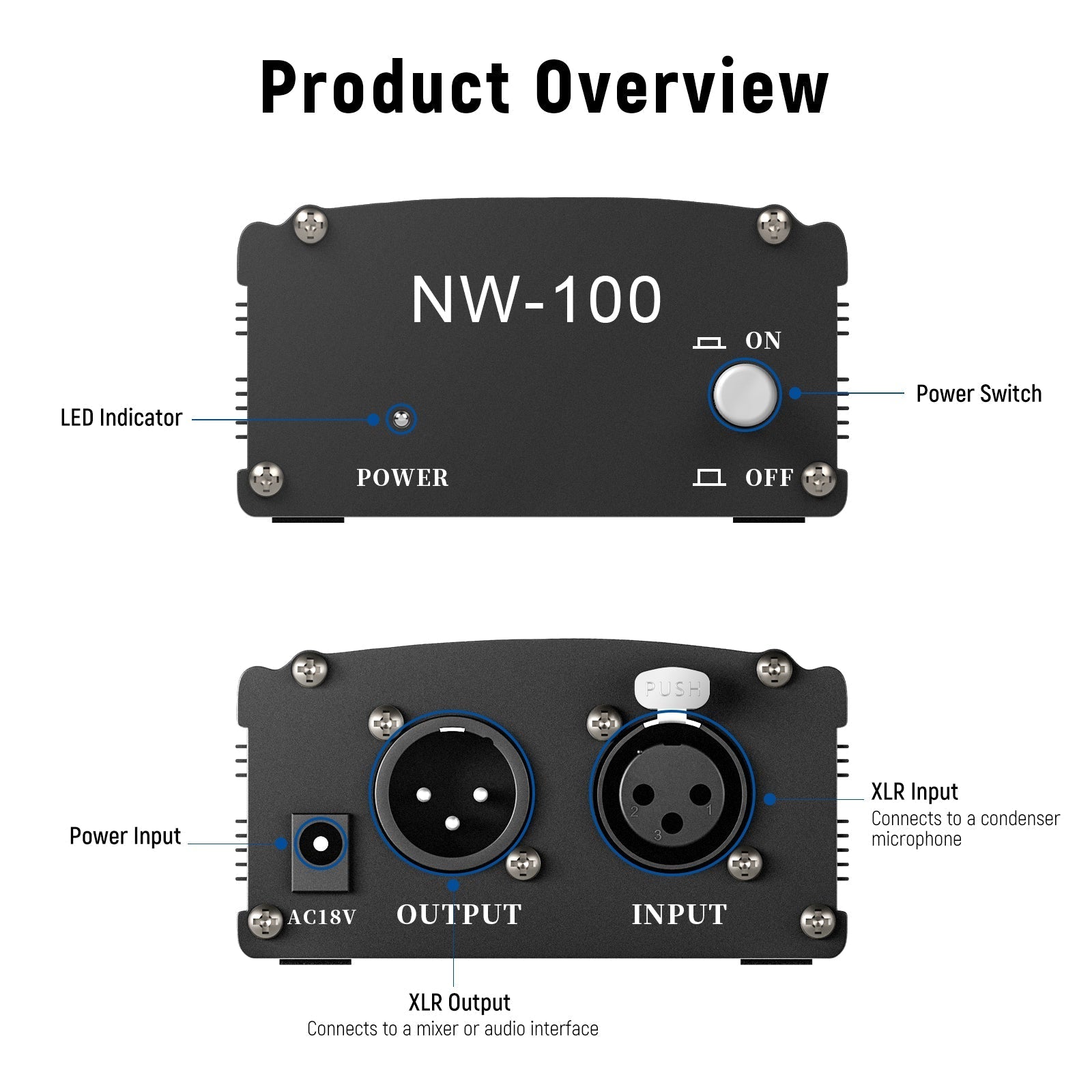 NEEWER NW-100 48V Phantom Power Supply with Adapter