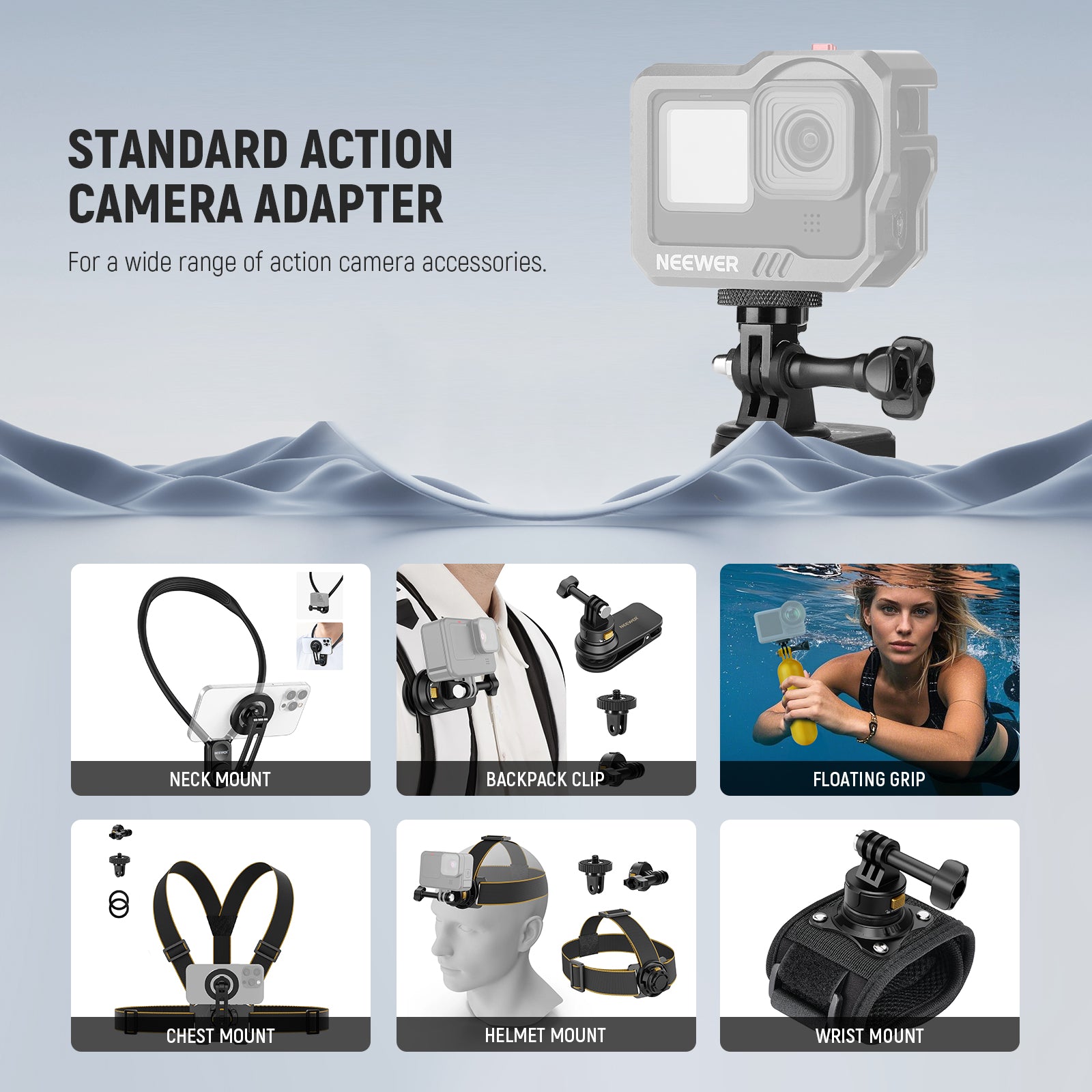 NEEWER GP-81 Action Camera Tripod Mount Adapter with 1/4" Screw Aluminum Alloy
