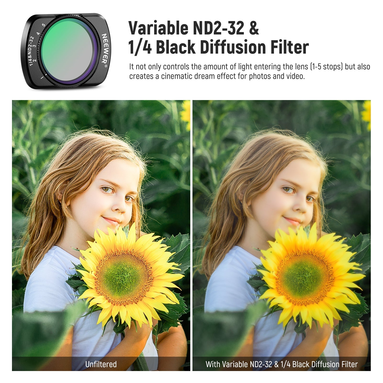 NEEWER FL-83 Variable ND2-32 & 1/4 Black Diffusion Filter for Pocket 3 / Pocket 4 & Xtra Muse