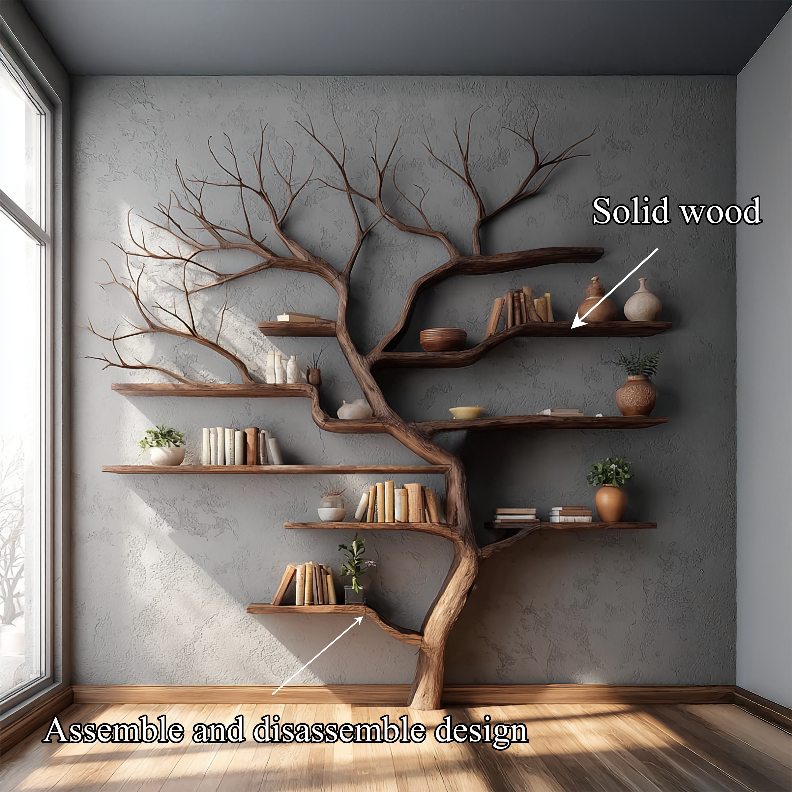 Rustic Tree Branch Bookshelf Living Wall