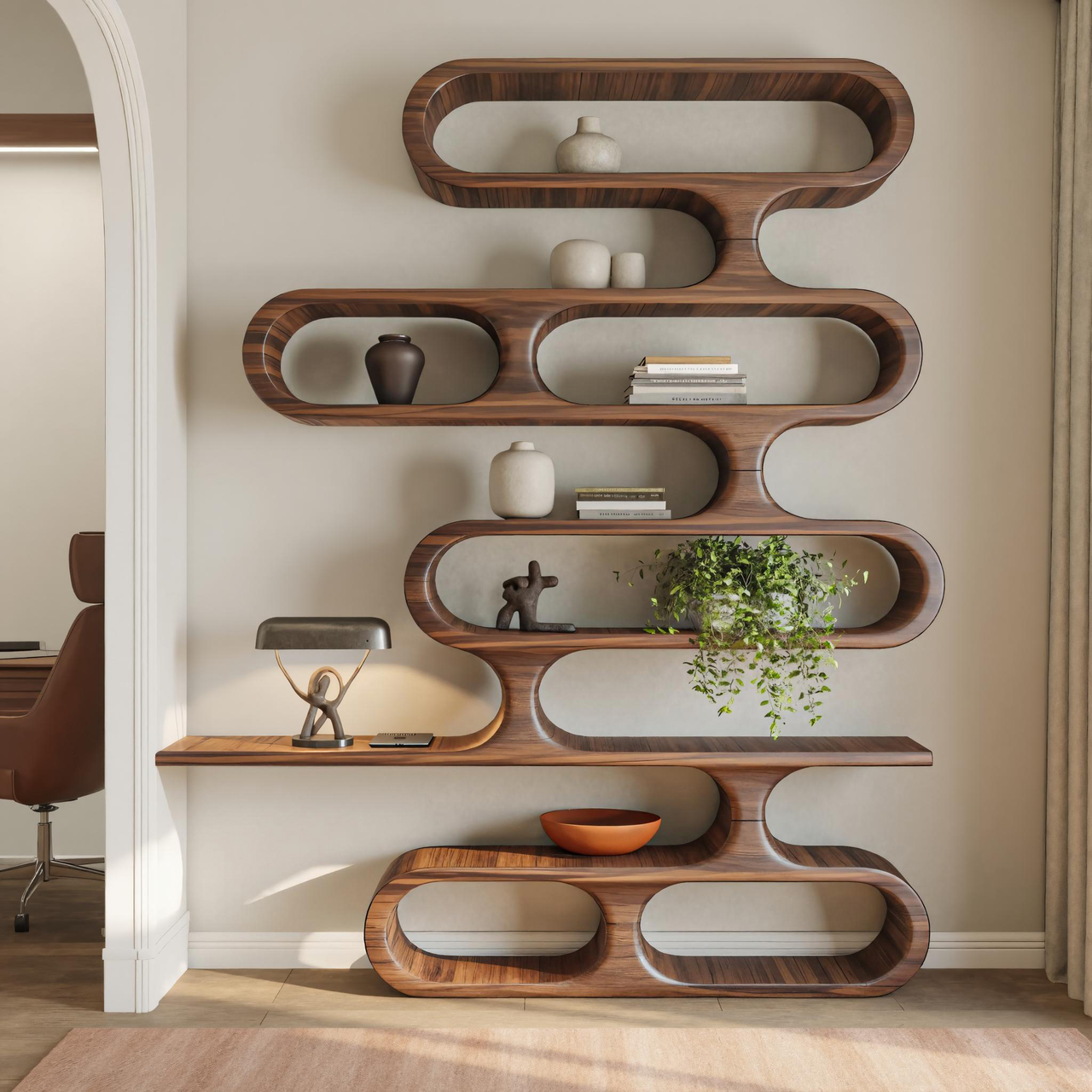 Organic Sculptural Wood Bookshelf With Curved Form For Living Room Or Office