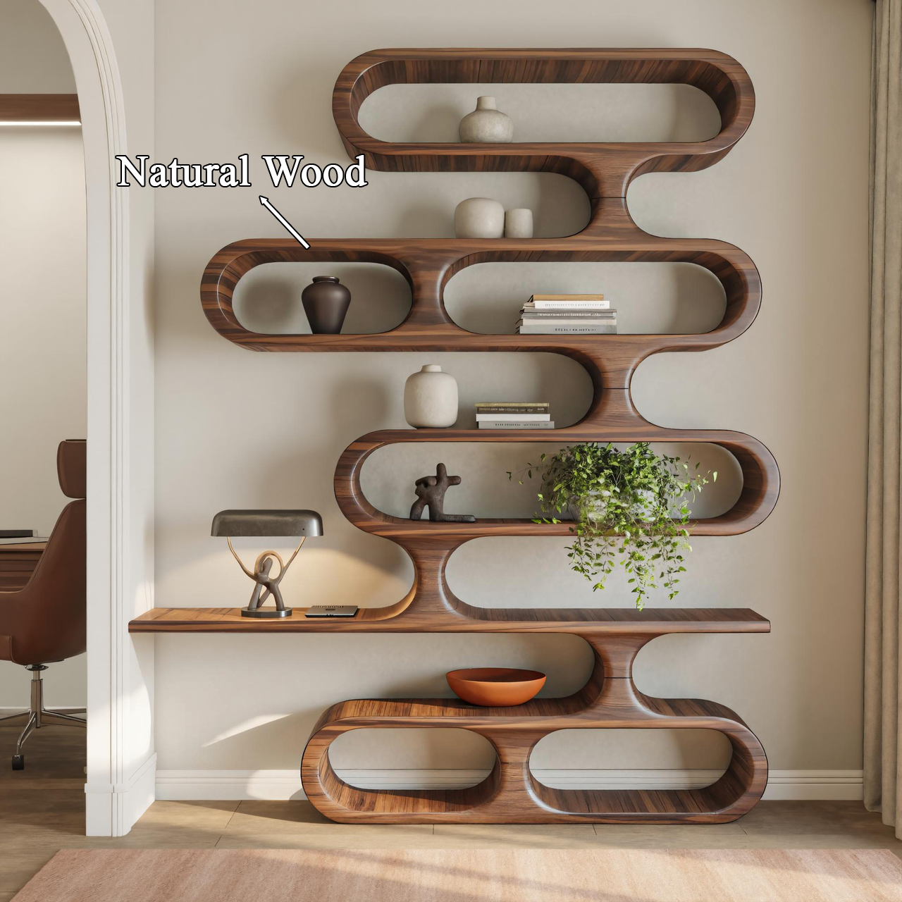 Organic Sculptural Wood Bookshelf With Curved Form For Living Room Or Office