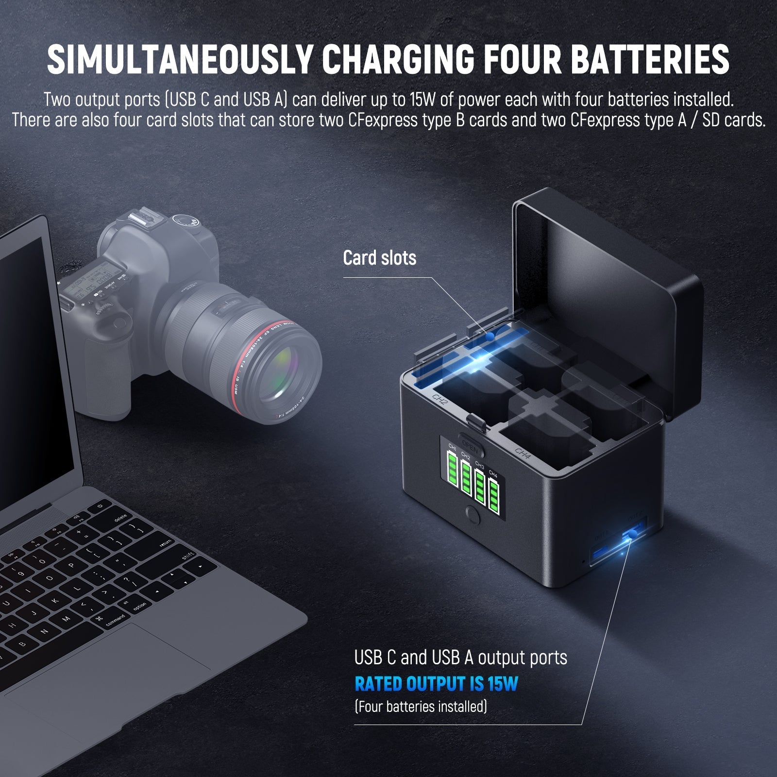NEEWER NW-ZP4 2 in 1 Four Channel USB Charger for NP-FZ100 & LP-E6