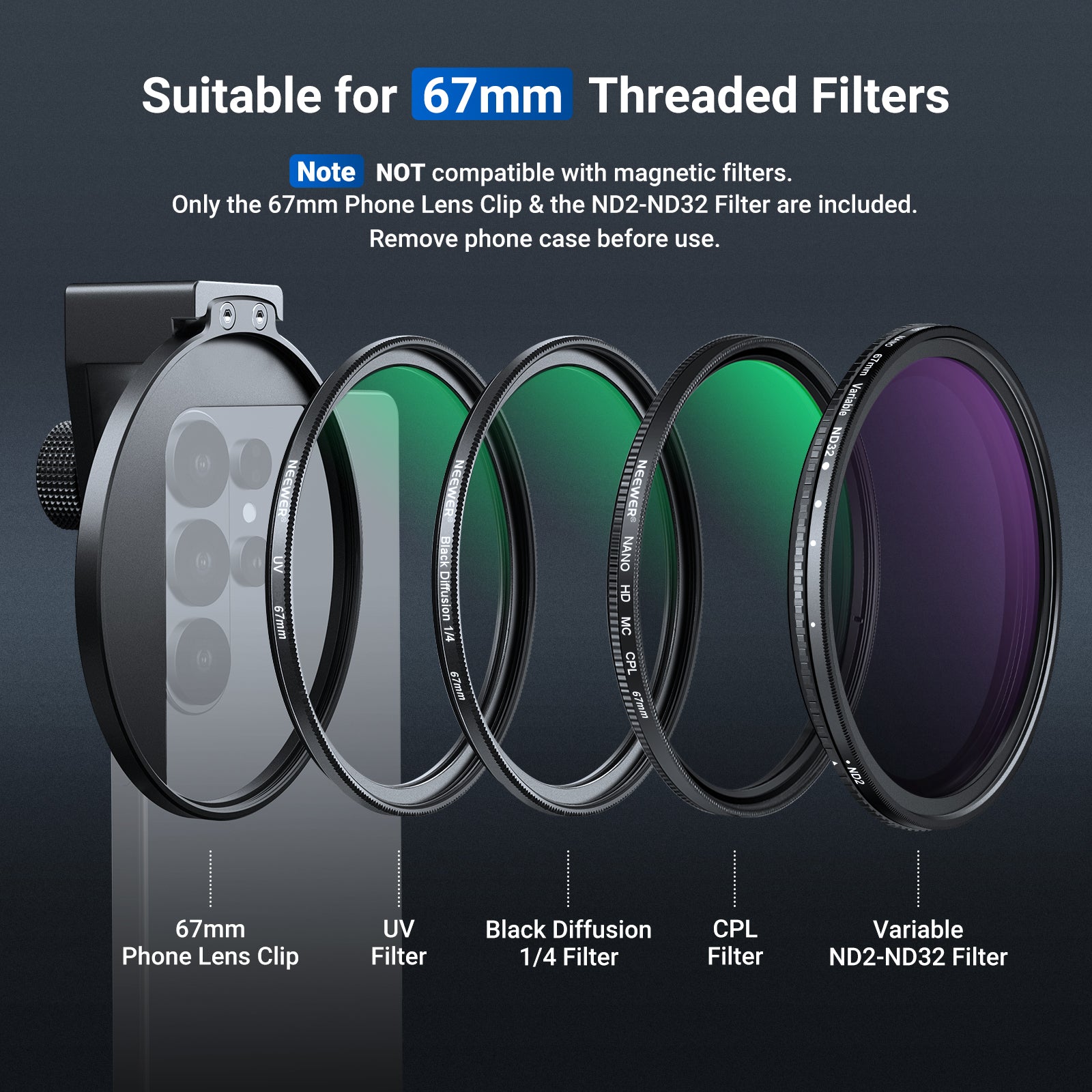 NEEWER 67mm Variable ND Filter Phone Clip Set (Compatible with S26)