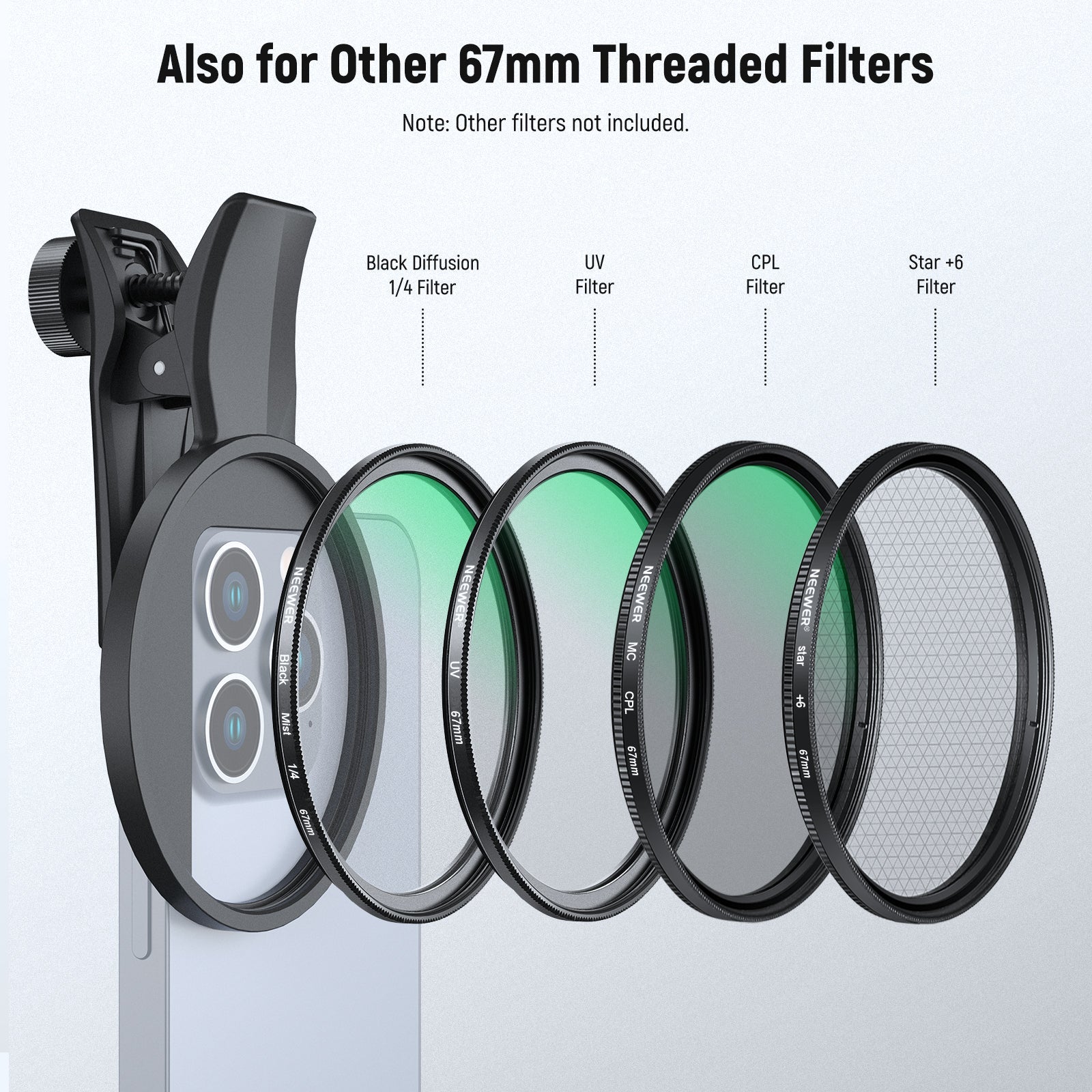 NEEWER FL-B21/FL-B25 67mm Variable ND2-32 Filter with Clip For Smartphone