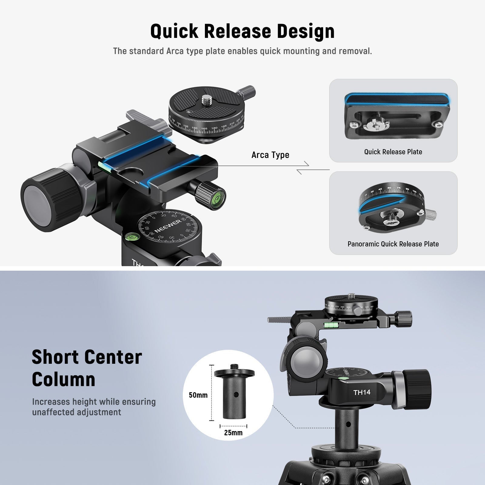 NEEWER TH14 2 Way Geared Tripod Head