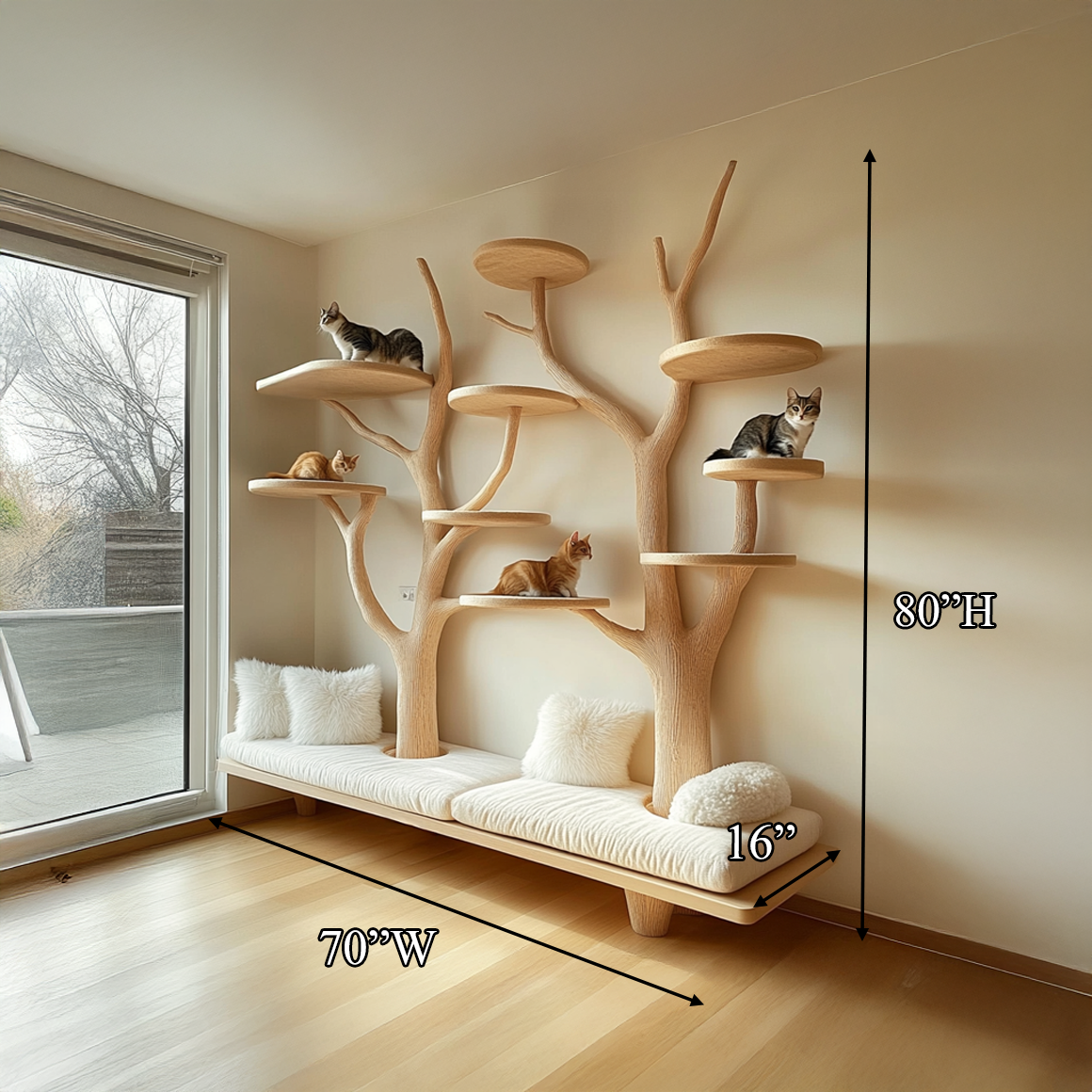 Rustic Cat Tree Organizer Wall Shelf Bedroom Seating Bench