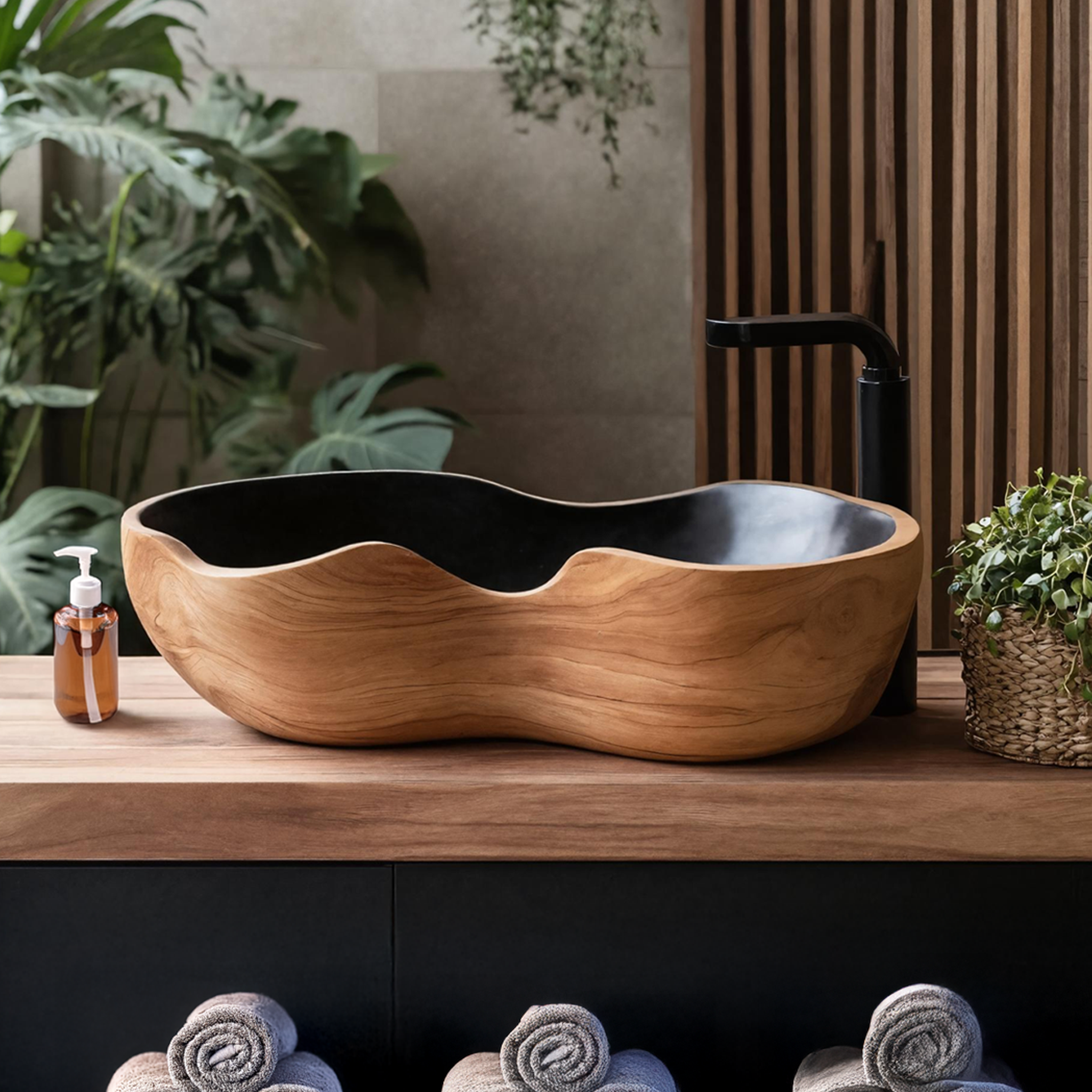 Mid Century Handcrafted Wood Wash Basin For Bathroom Use