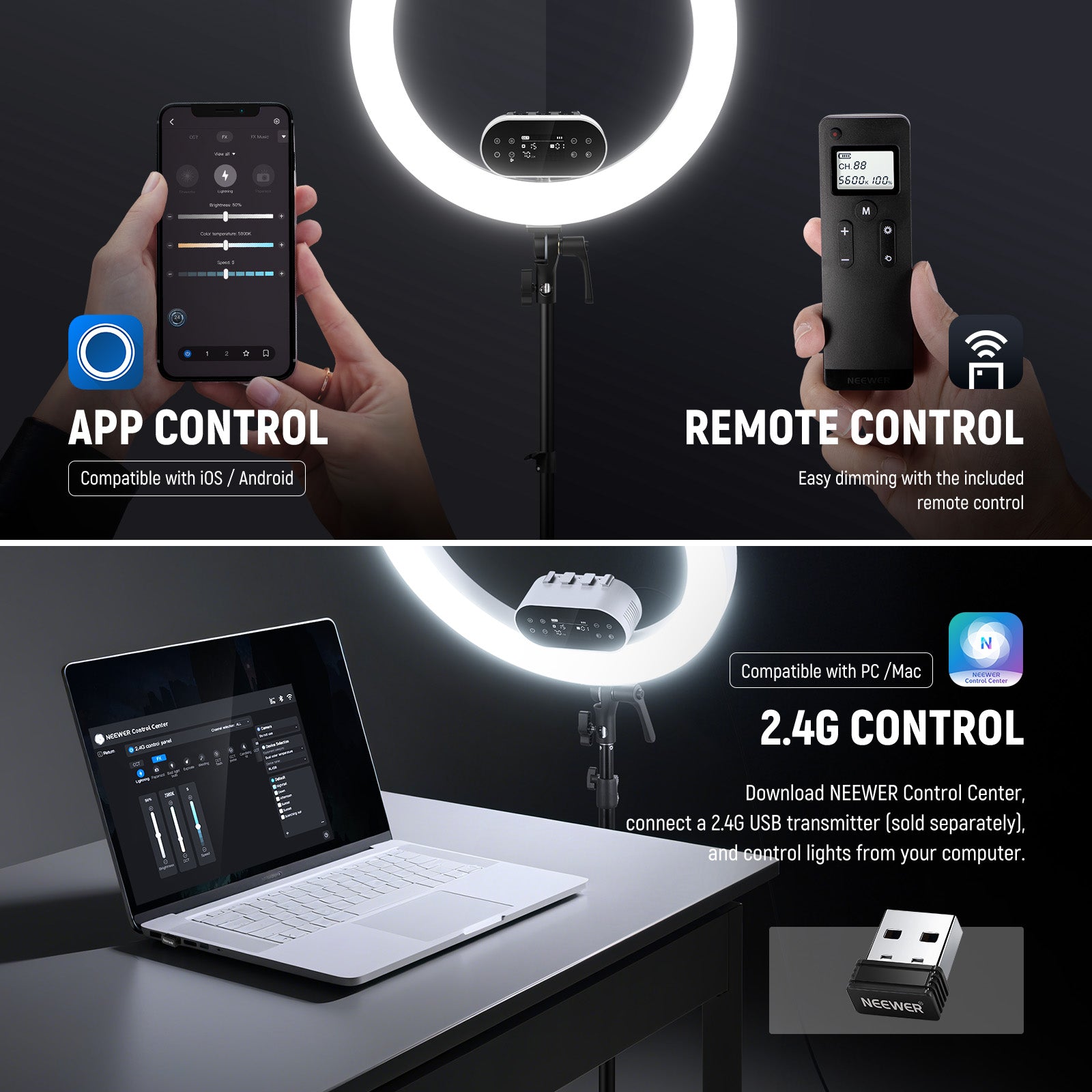 NEEWER RH100B 19" 100W High Power LED Ring Light