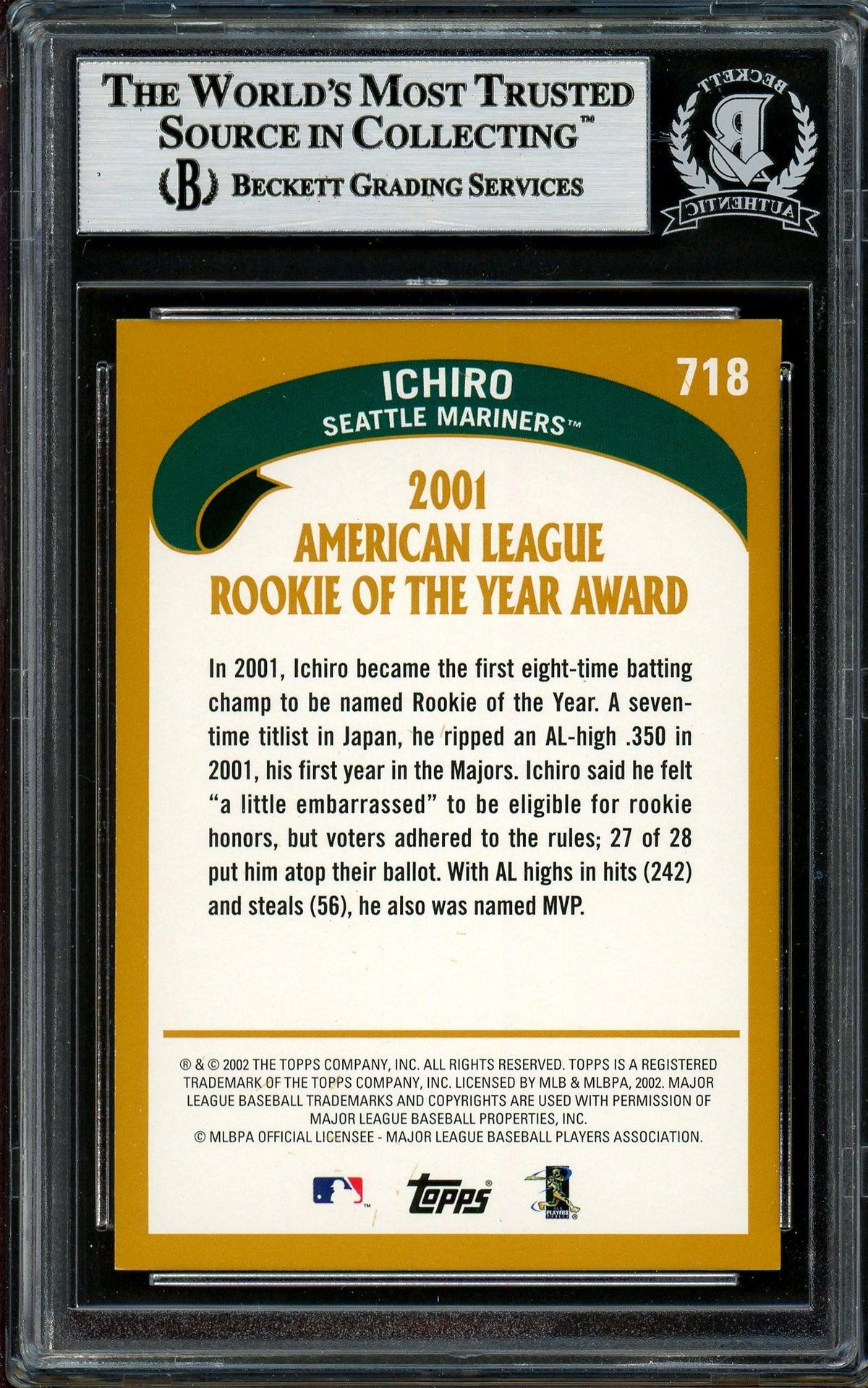 Ichiro Suzuki Autographed 2002 Topps Card #718 Seattle Mariners Beckett BAS #12785916