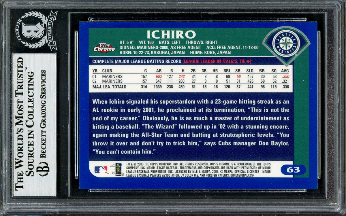 Ichiro Suzuki Autographed 2003 Topps Chrome Card #63 Seattle Mariners Beckett BAS #12785964