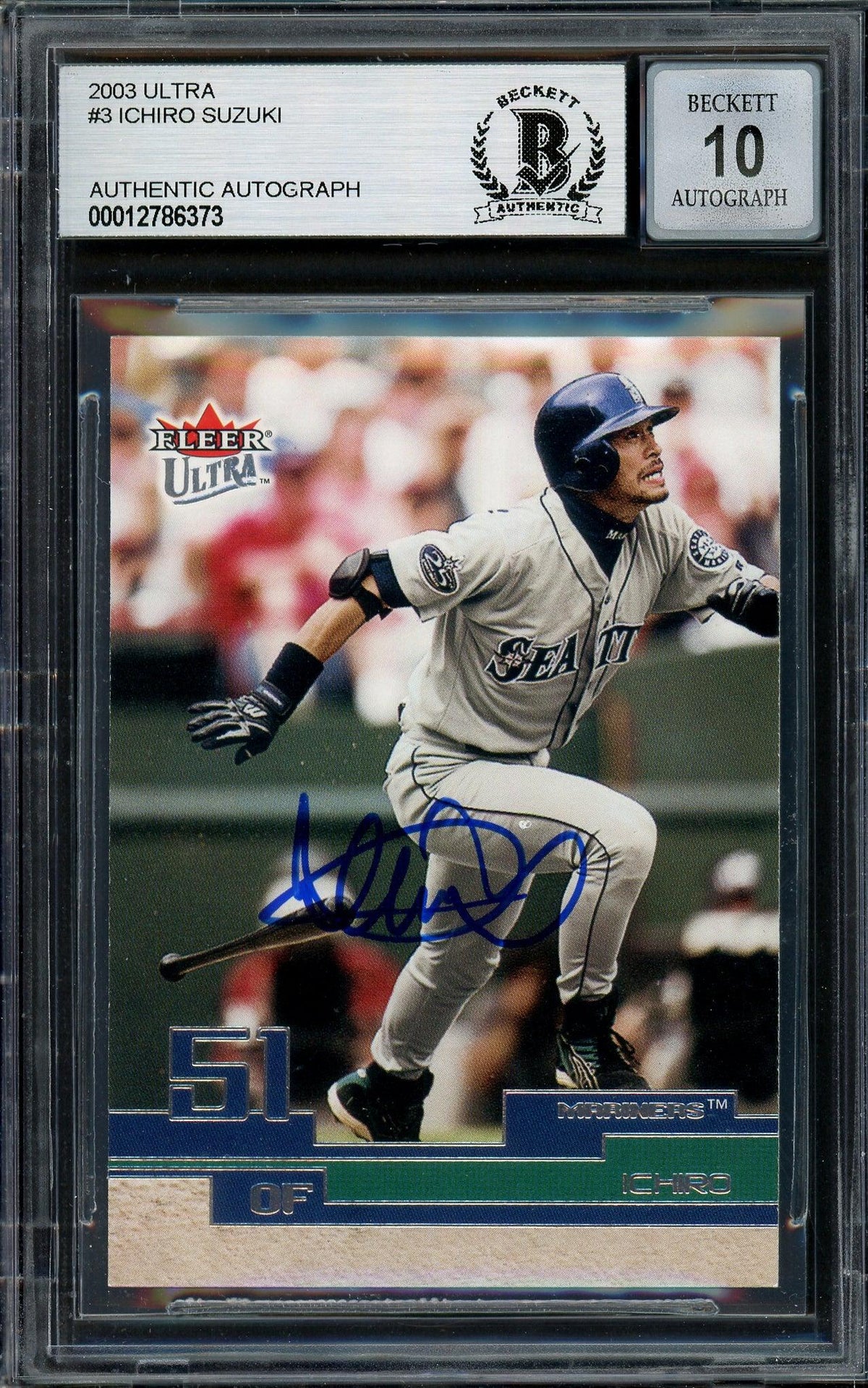 Ichiro Suzuki Autographed 2003 Fleer Ultra Card #3 Seattle Mariners Auto Grade Gem Mint 10 Beckett BAS #12786373