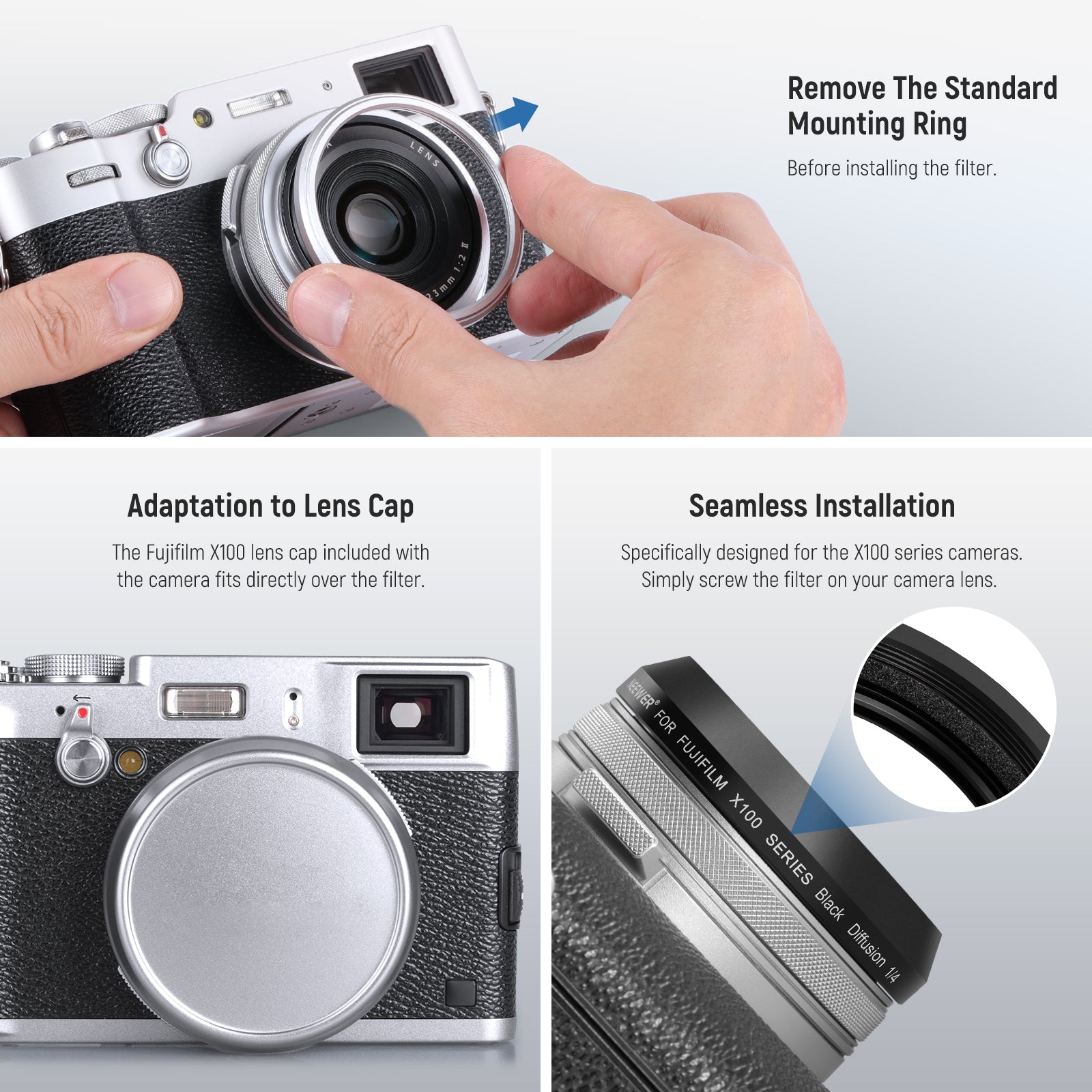 NEEWER Black Diffusion 1/4 Lens Filter for Fujifilm X100 Series Cameras