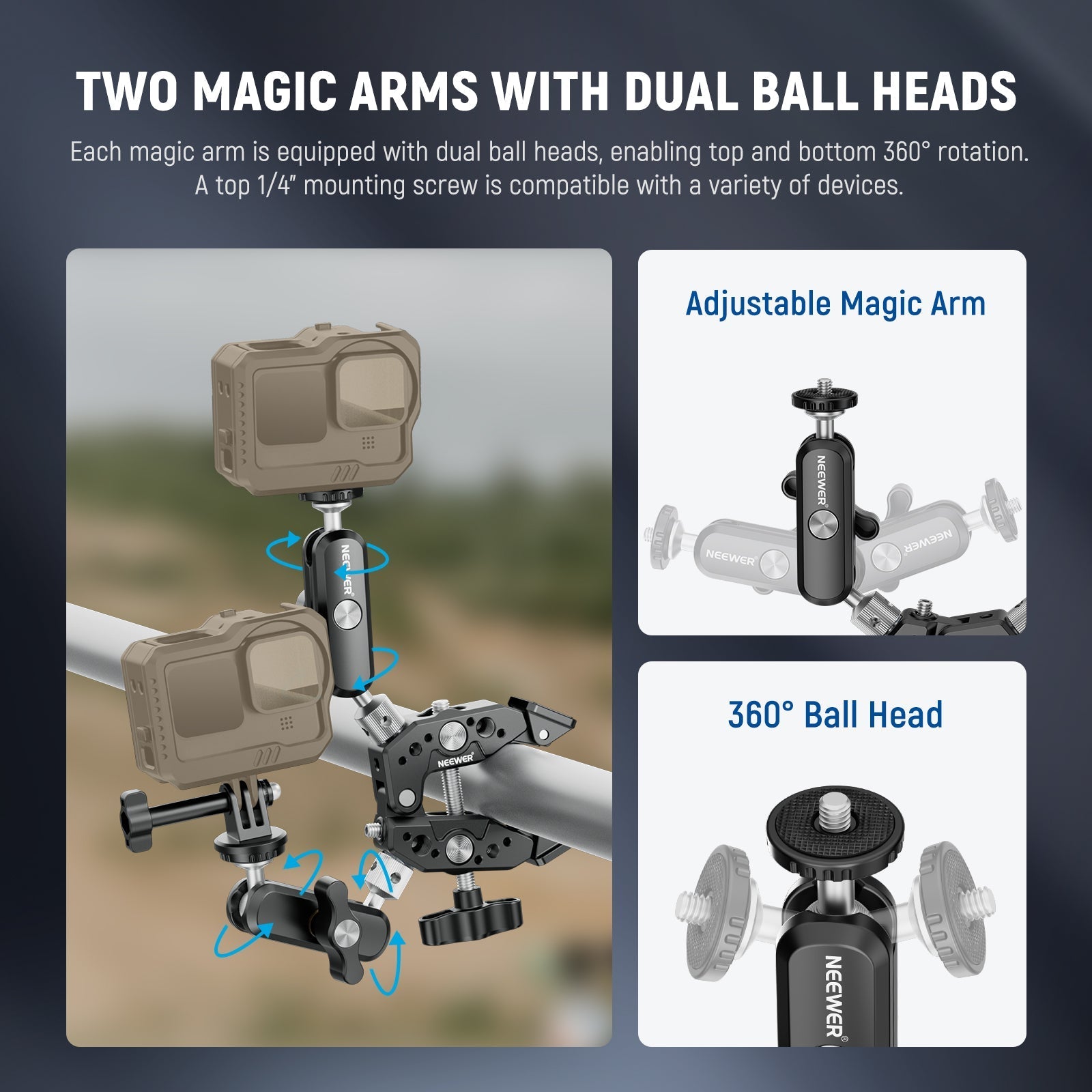 NEEWER Heavy Duty Super Clamp with Two 360° Dual Ball Head Magic Arms