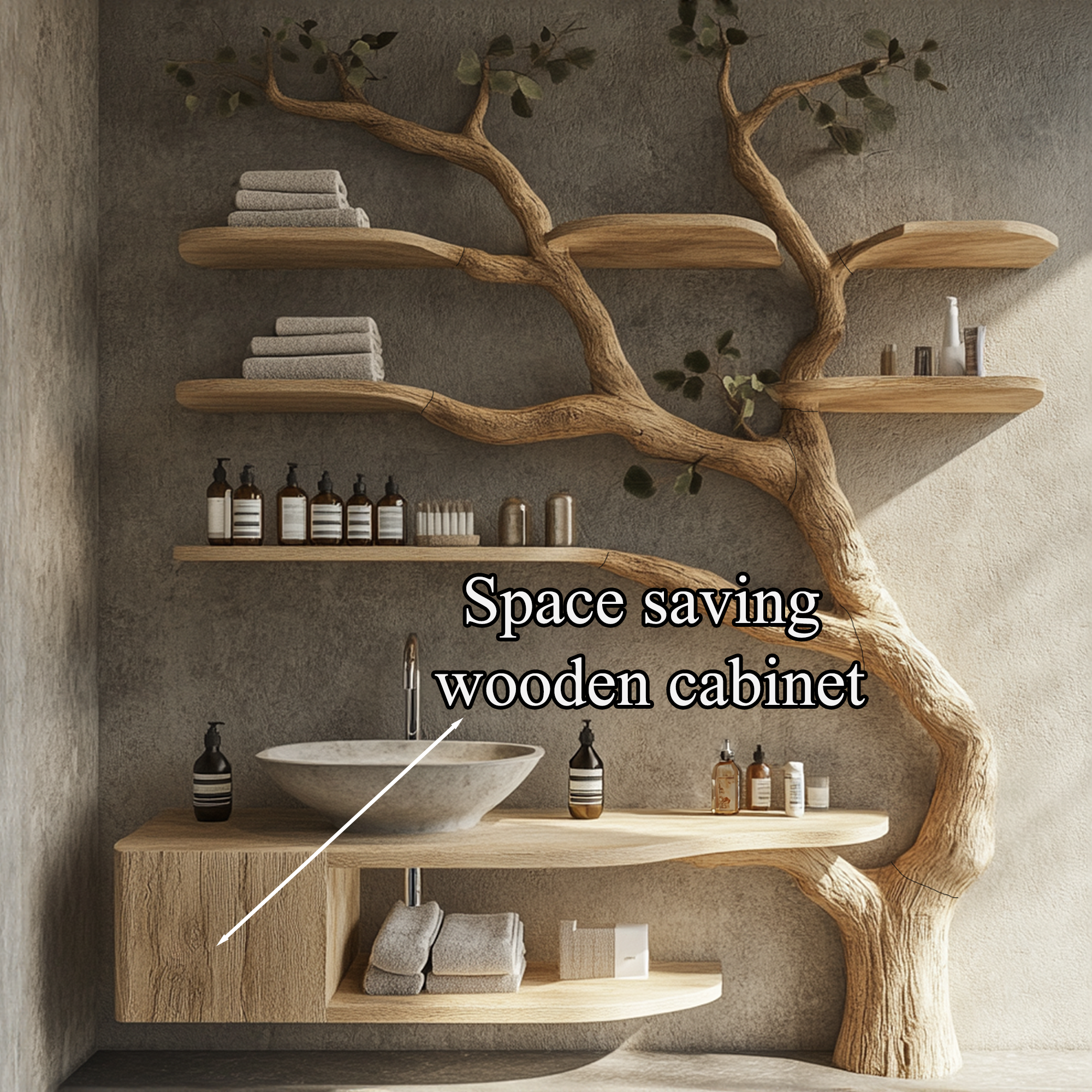 Wood Vanity With Mini Sink Floating Shelves Tree Branches