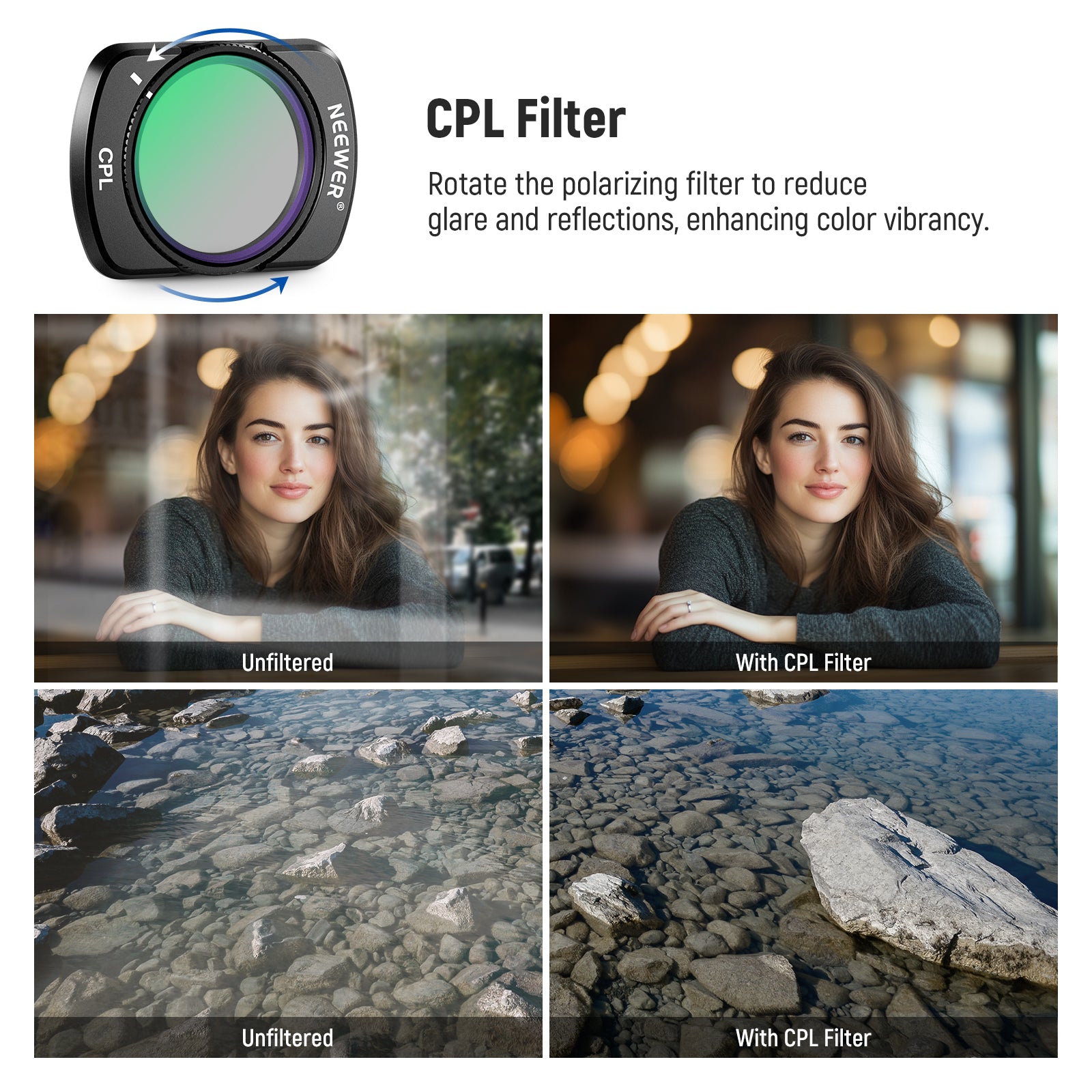 NEEWER FL-B29 2 Pack Filter Set with CPL Filter/0.75X Wide Angle For Pocket 3/Pocket 4 & Xtra Muse