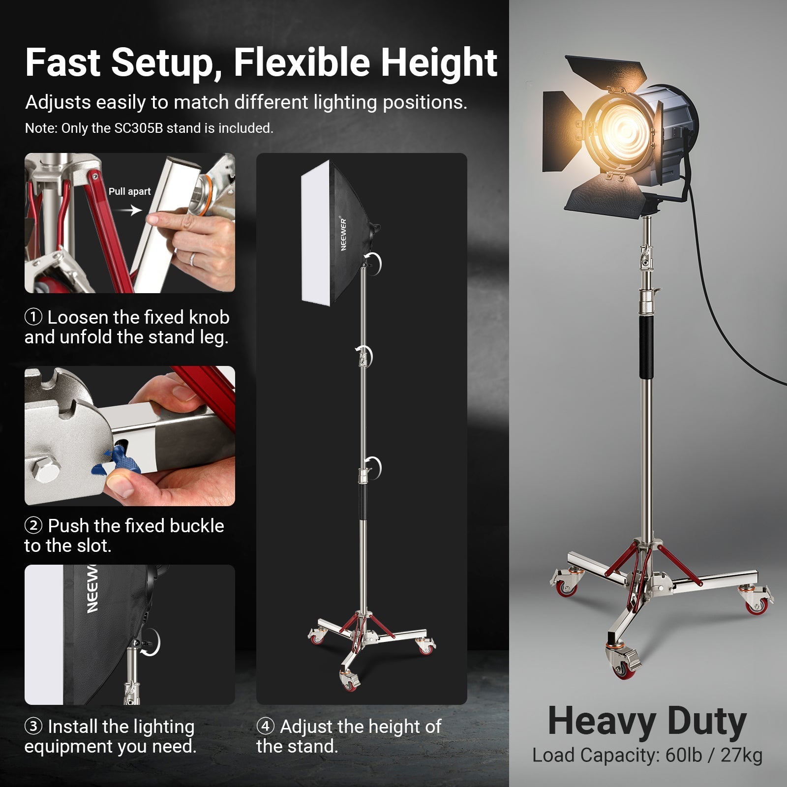 NEEWER BASICS SC305B 305cm Heavy Duty Stainless Steel Wheeled Light Stand