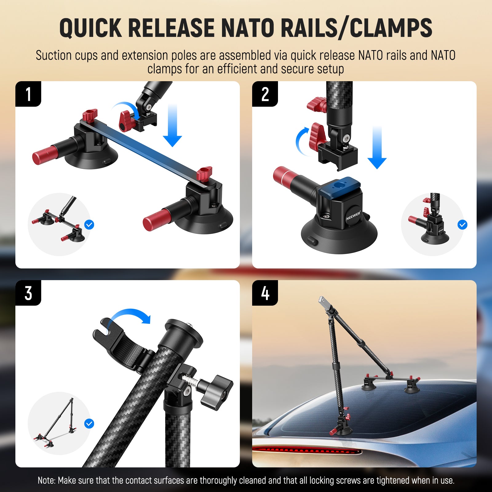 NEEWER CA136 Triple Suction Cup Extension Pole Car Mount Kit