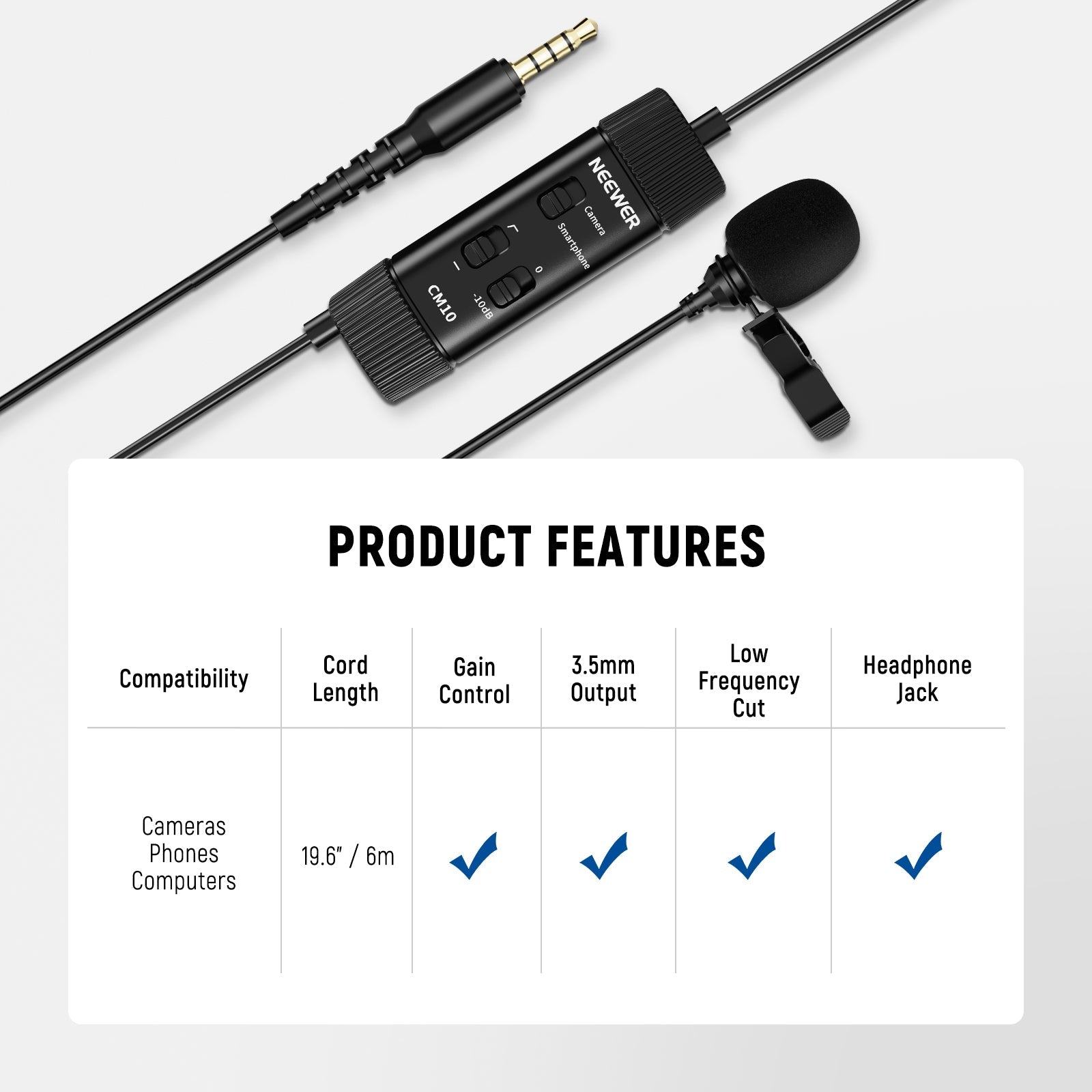 NEEWER CM10 Plug & Play 3.5mm TRRS Lavalier Microphone for Camera/Smartphone