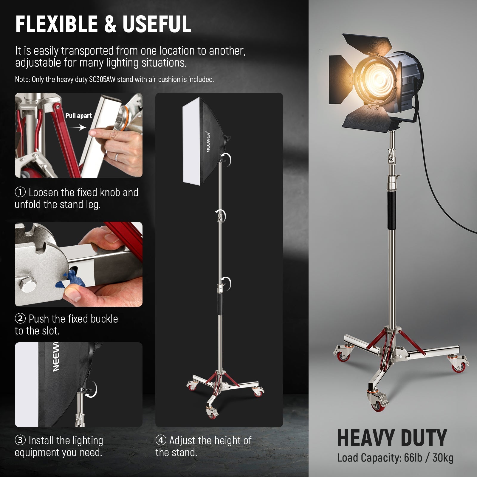 NEEWER SC305AW 305cm Heavy Duty Air Cushioned Light Stand with Casters